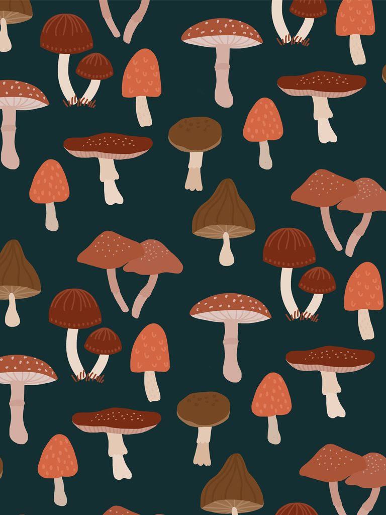 Free Desktop Wallpaper Background Pattern With Flowers & Mushrooms Illustration Muchab. Mushroom Wallpaper, Mushroom Background, Simple Iphone Wallpaper