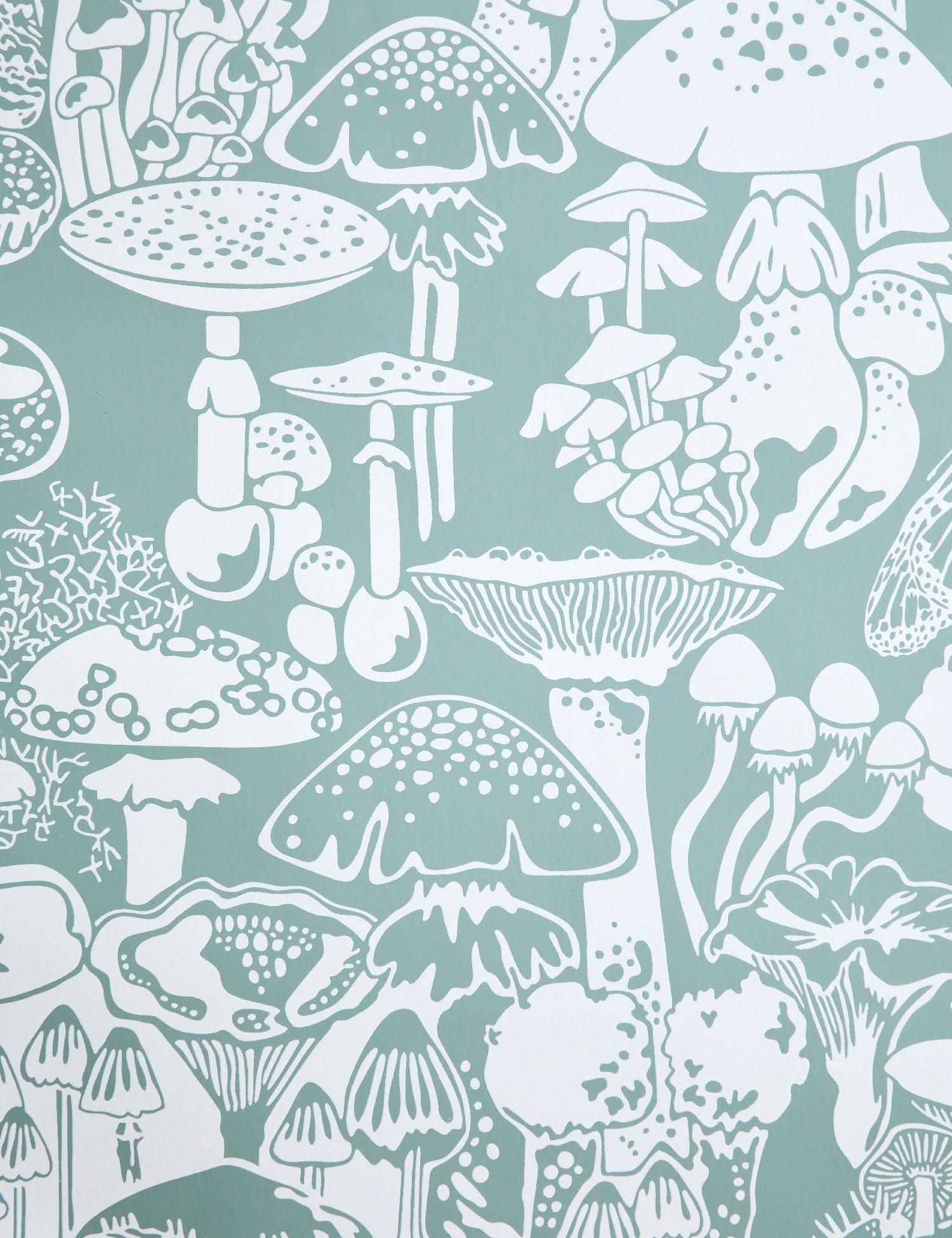 Mushroom City Designer Wallpaper in Color Botanica 'Soft White on Frost Green'