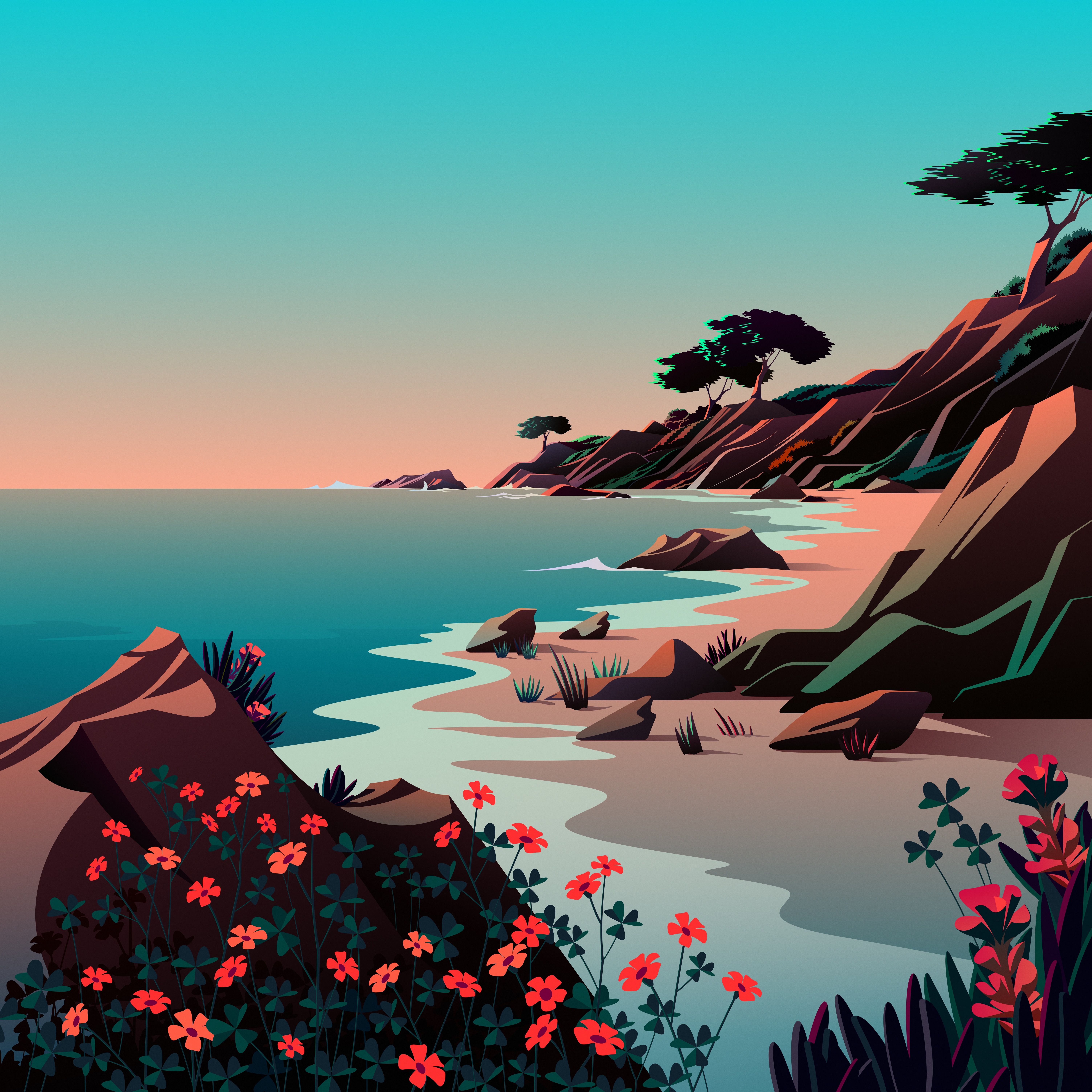Beach 4K Wallpaper, Landscape, Morning, Scenery, Illustration, macOS Big Sur, iOS Stock, Nature