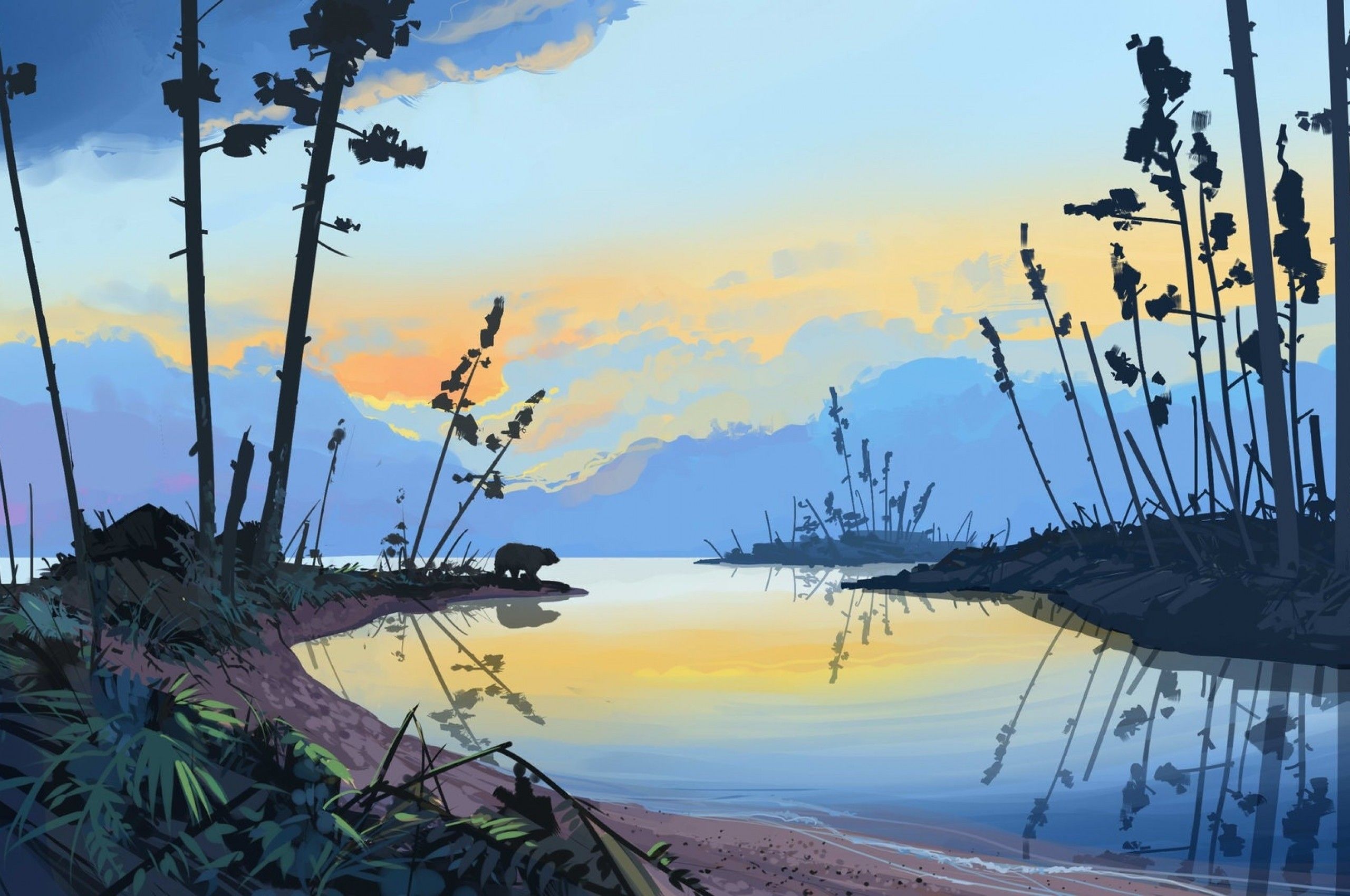 Download 2560x1700 Bear, Artwork, Scenic, Landscape, Illustration Wallpaper for Chromebook Pixel