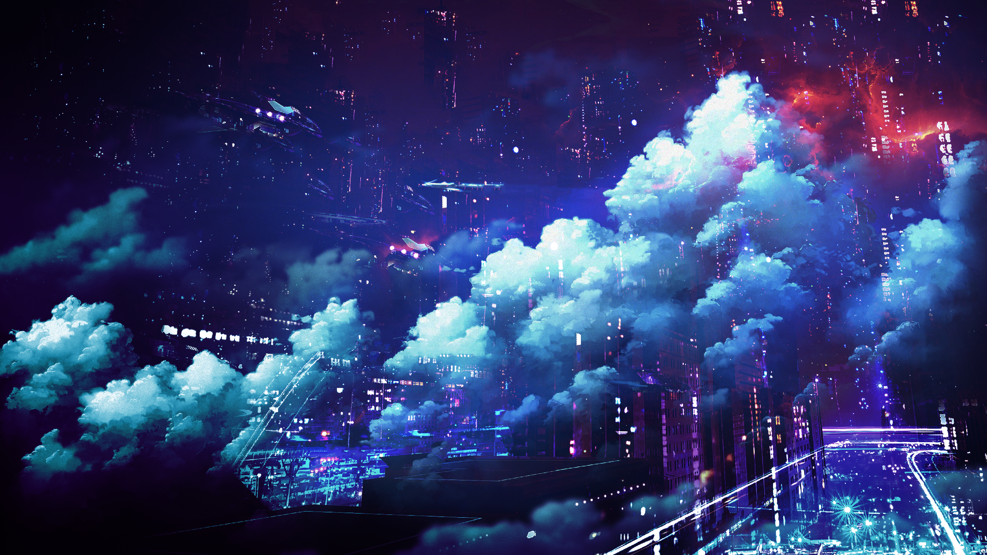 Wallpaper, futuristic, neon, Neo, clouds, landscape, night, galaxy, digital art 3840x2160