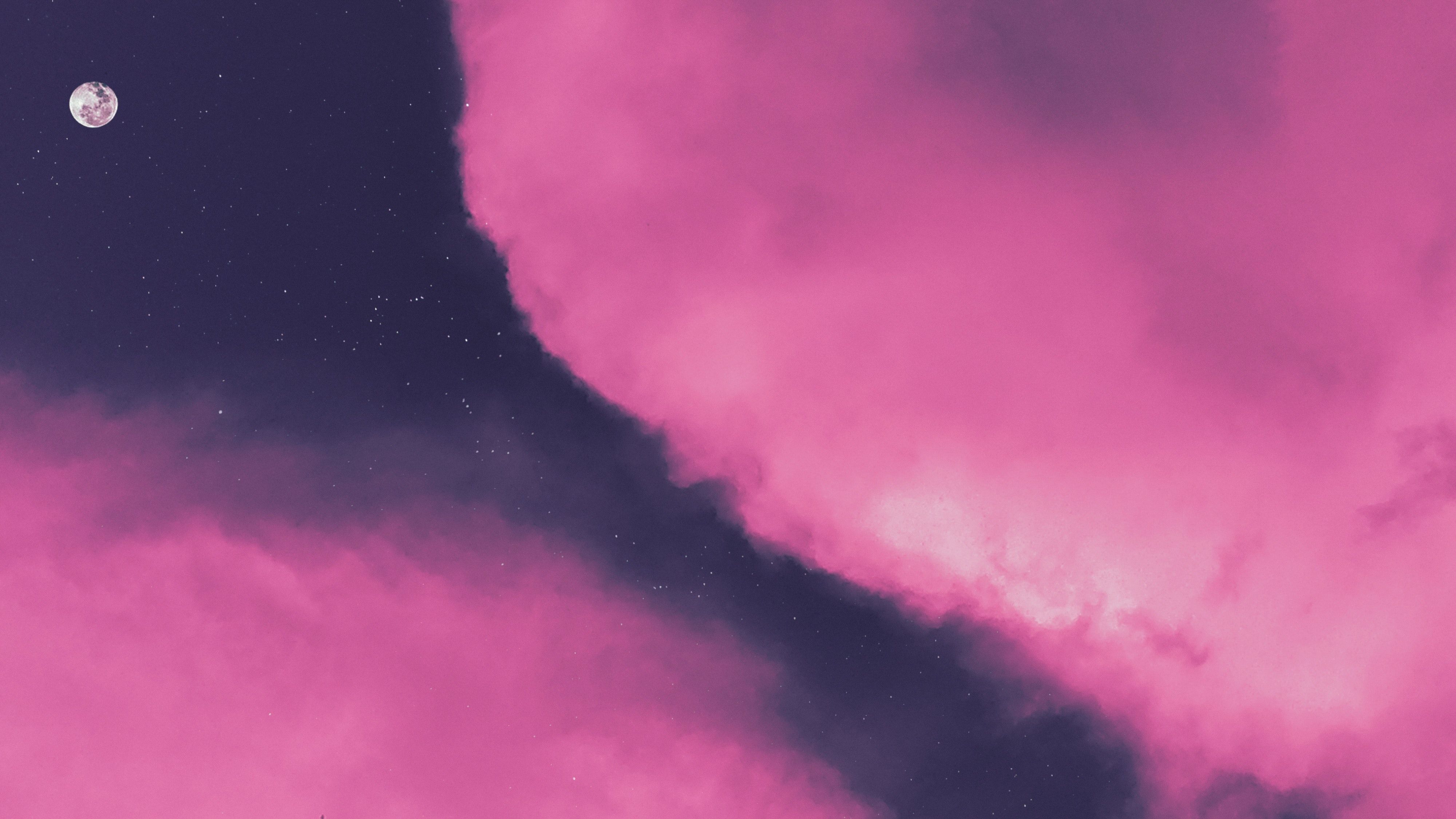 Pink clouds 4K Wallpaper, Moon, Sky view, Purple background, Stars, Lunar, Evening, Aesthetic, Nature