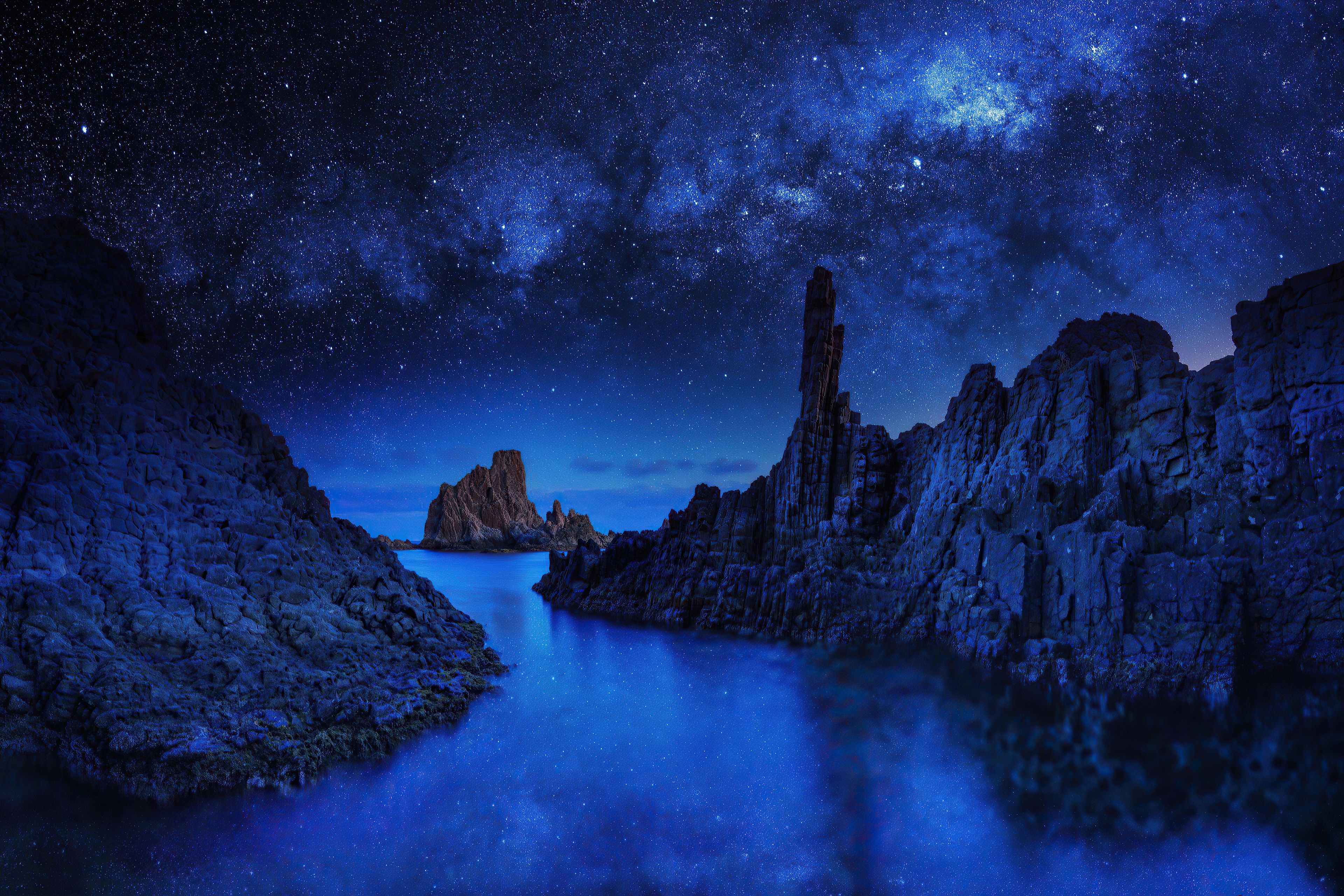 Ocean Rocks On Starry Night 4k, HD Nature, 4k Wallpaper, Image, Background, Photo and Picture