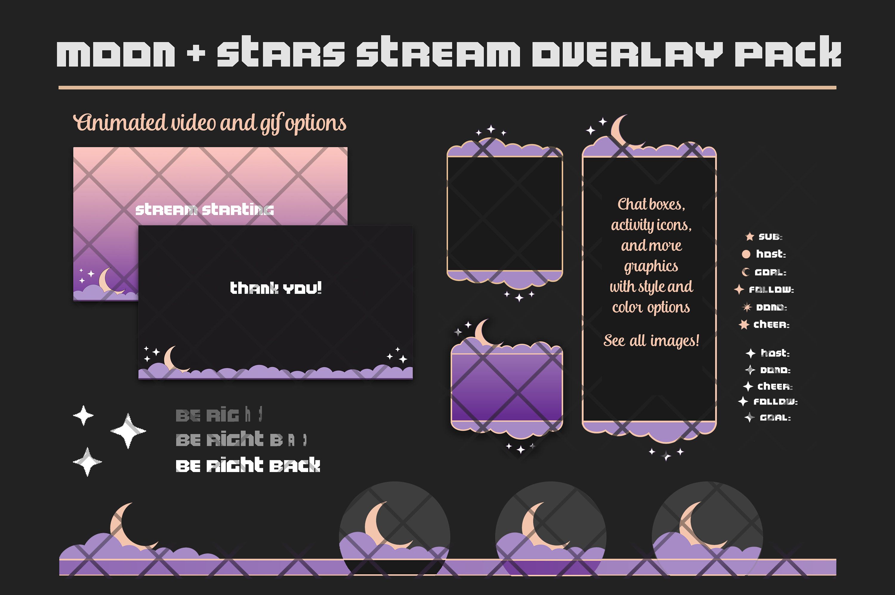 Moon + Stars Twitch Overlay Set. Animated Starting, Ending, and BRB Video Scenes, Chat Boxes, and Graphics