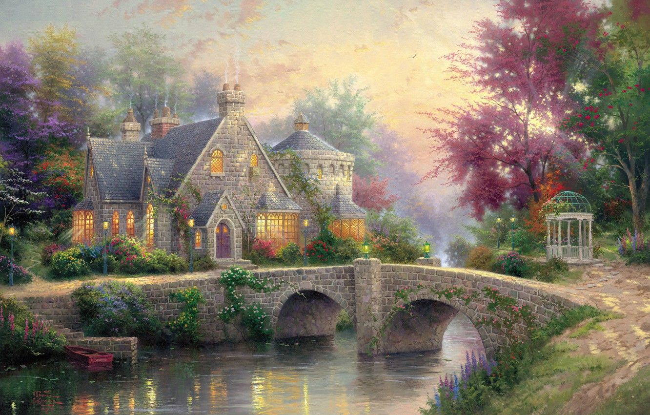 Wallpaper summer, bridge, river, colorful, lights, painting, cottage, gazebo, river, bridge, art, estate, Thomas Kinkade, painting, the estate, Thomas Kinkade image for desktop, section живопись