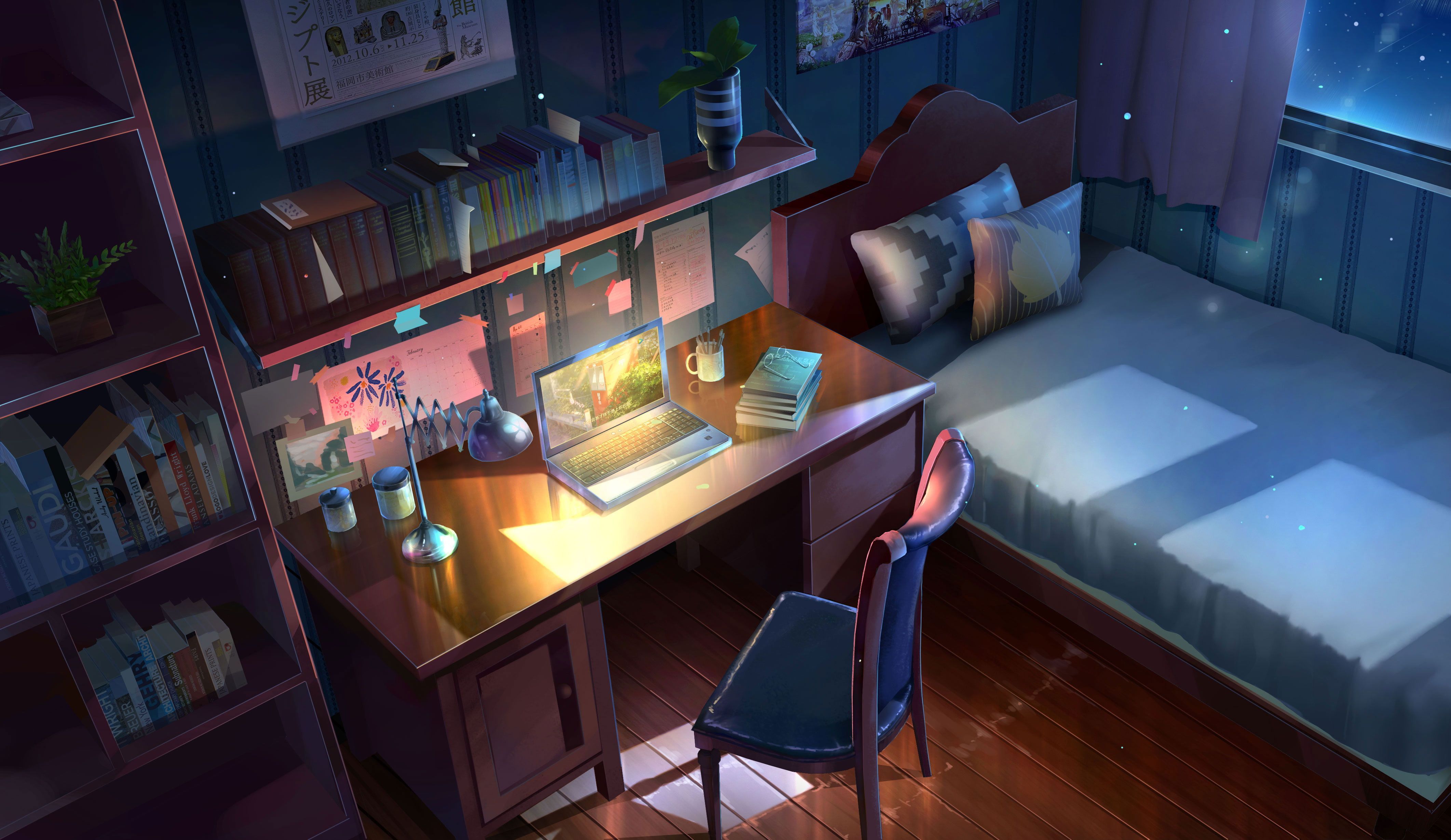 Wallpaper Lofi Anime, Original, Bed, Chair, Computer, Night. Комнаты мечты, Обои для гостиной, Дизайн
