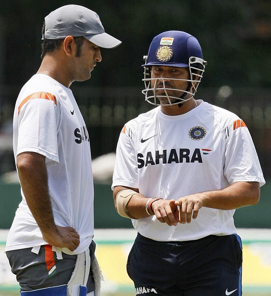 MS Dhoni and Sachin Tendulkar at a practice session, Colombo, July 2010 200th.in. Sachin tendulkar, Cricket match, World cricket