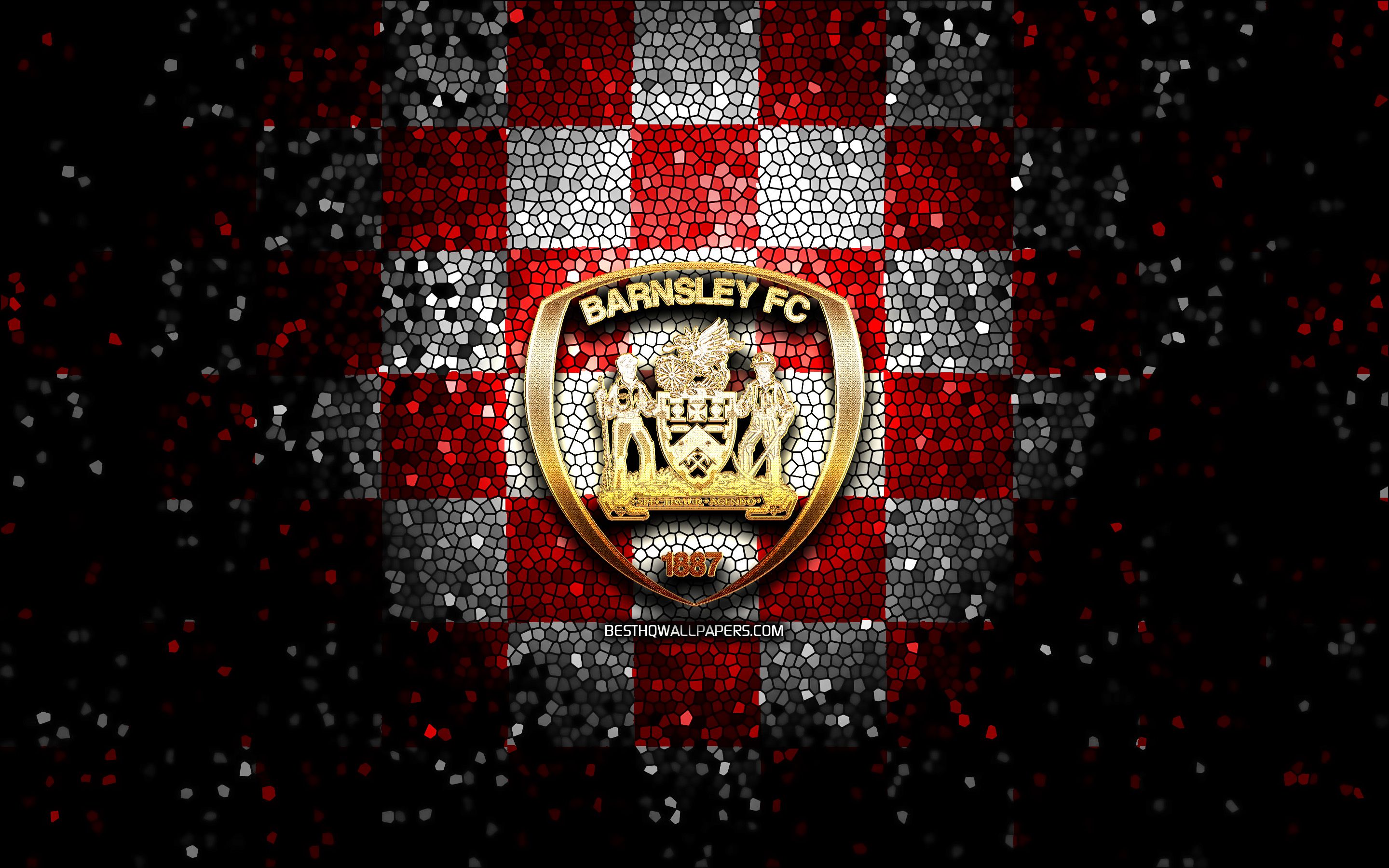 Download wallpaper Barnsley FC, glitter logo, EFL Championship, red white checkered background, soccer, english football club, Barnsley logo, mosaic art, football, FC Barnsley for desktop with resolution 2880x1800. High Quality HD picture