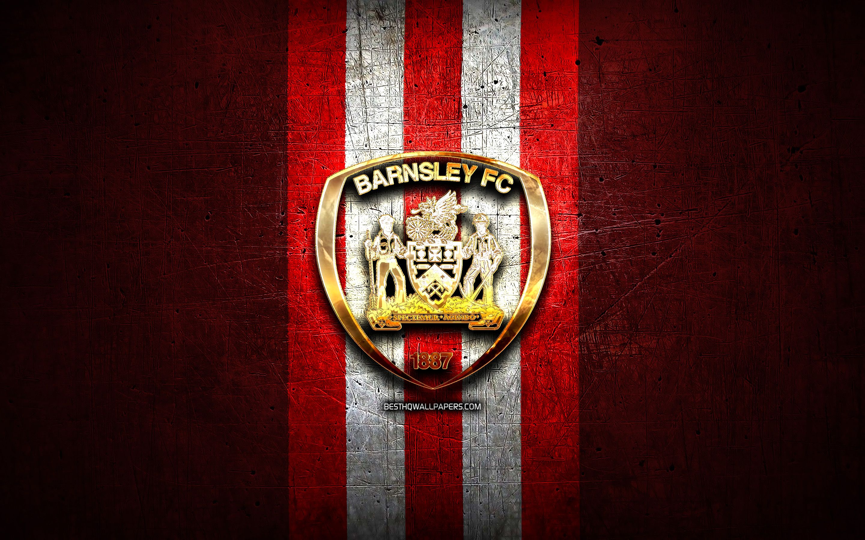 Download wallpaper Barnsley FC, golden logo, EFL Championship, red metal background, football, FC Barnsley, english football club, Barnsley logo, soccer, England for desktop with resolution 2880x1800. High Quality HD picture wallpaper