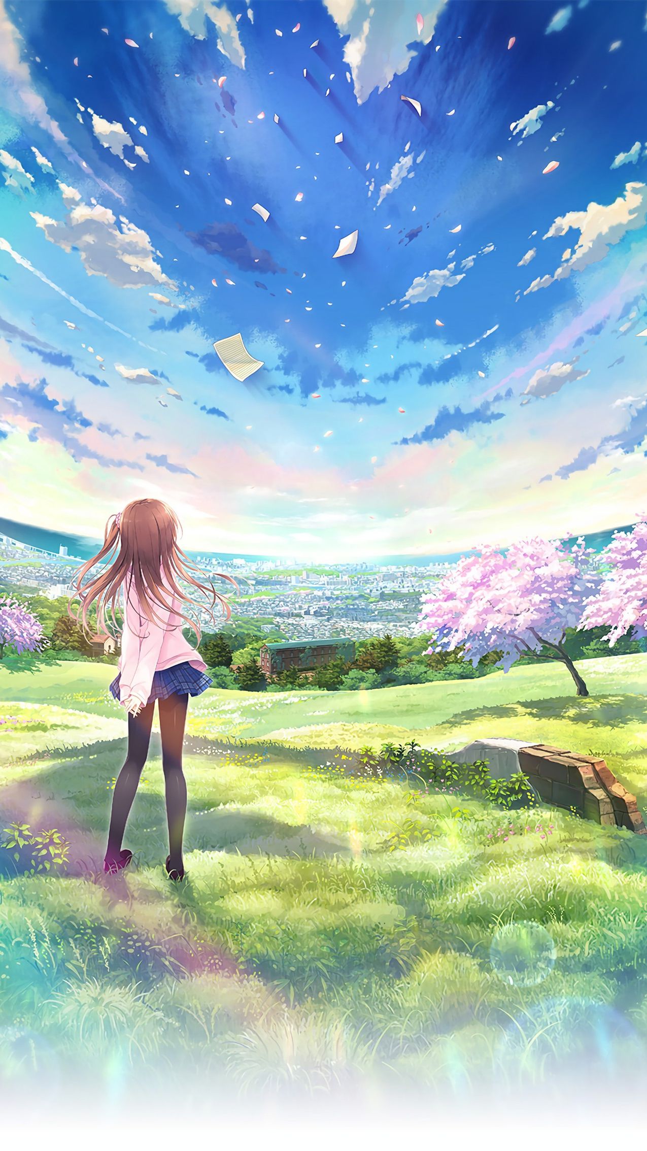 anime world wallpaper, sky, people in nature, nature, natural landscape, watercolor paint, beauty, summer, grass, grassland, fun