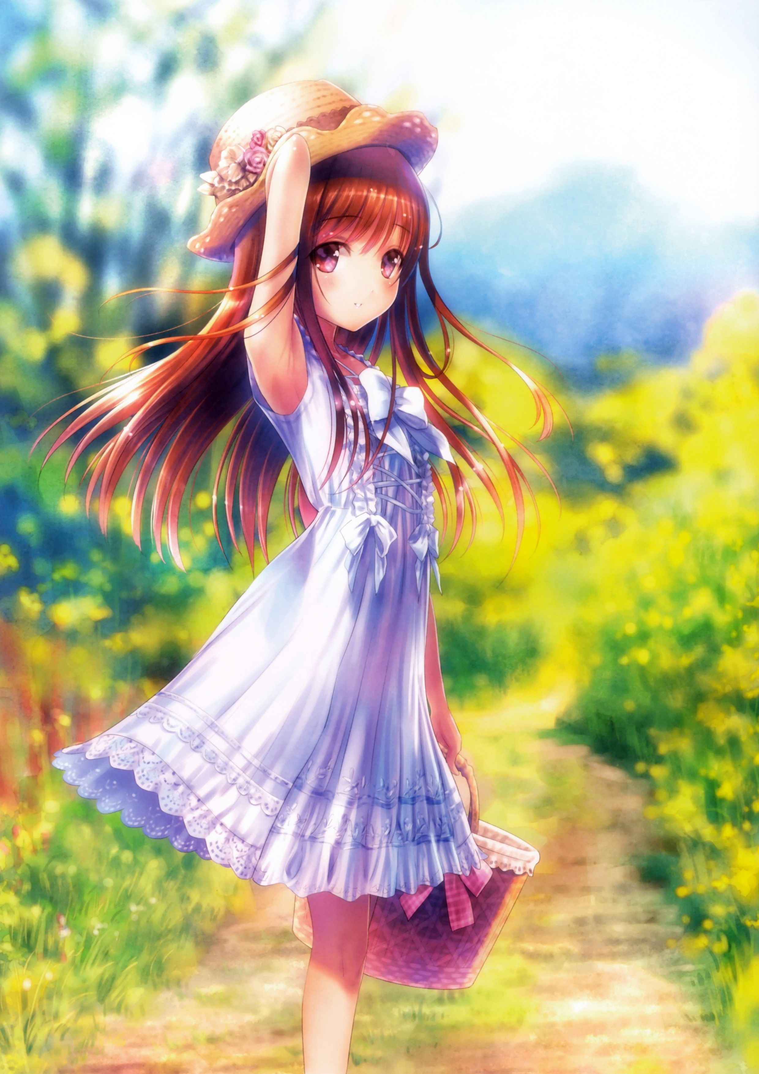 Download 2480x3507 Anime Girl, Yellow Flowers, White Dress, Summer, Strawhat, Basket Wallpaper