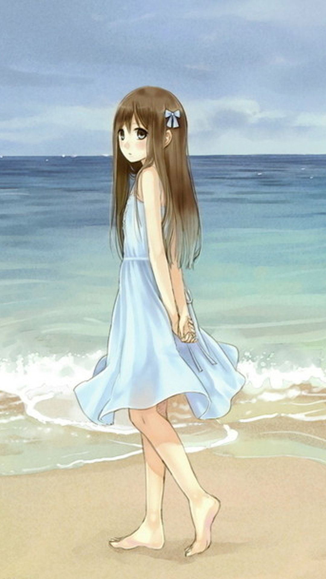 wallpaper buat android, cartoon, anime, long hair, summer, sky, cg artwork, dress, illustration, sea, watercolor paint