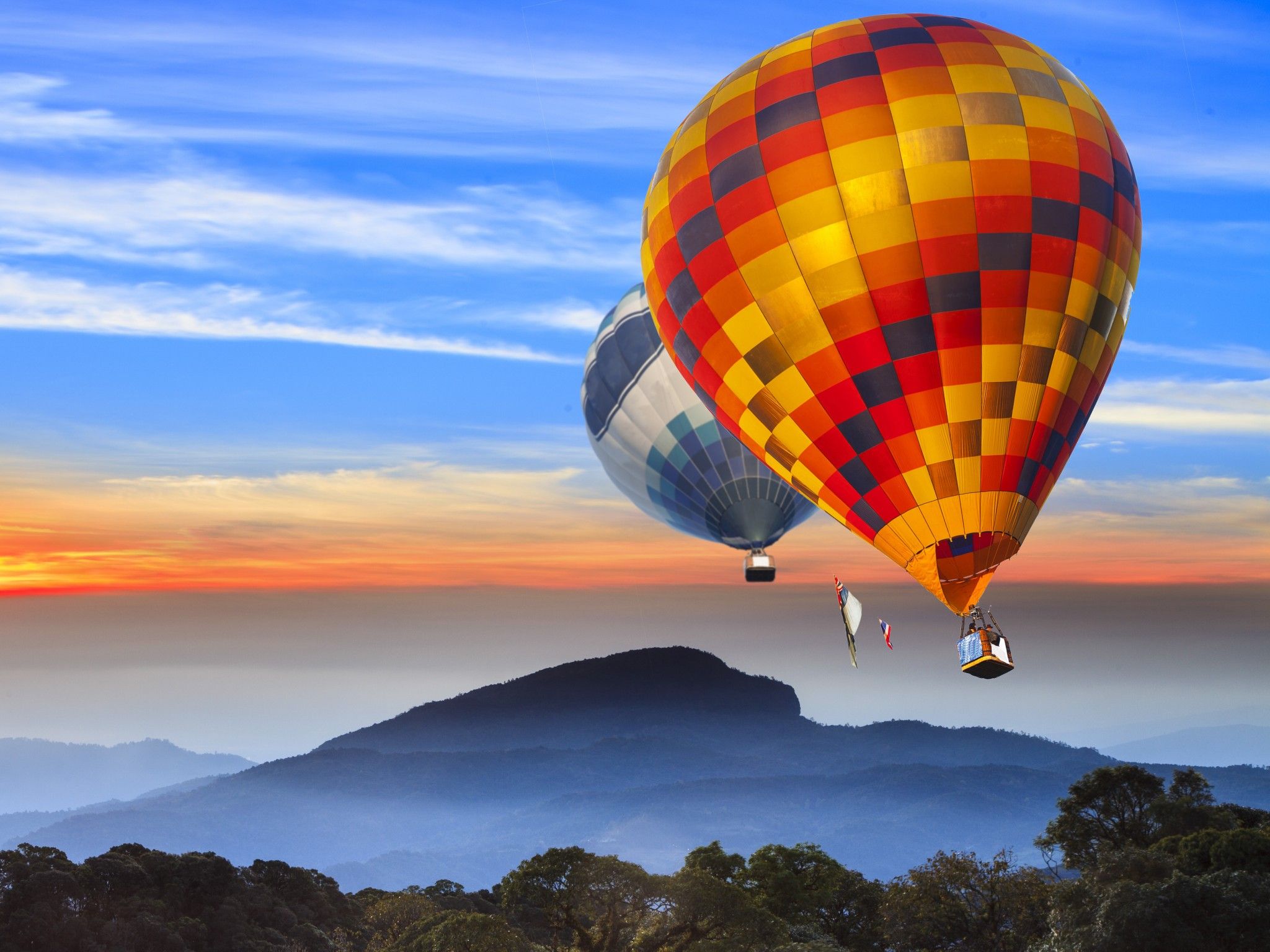 Hot air balloons 4K Wallpaper, Landscape, Hills, Sunrise, Morning, Foggy, 5K, Nature