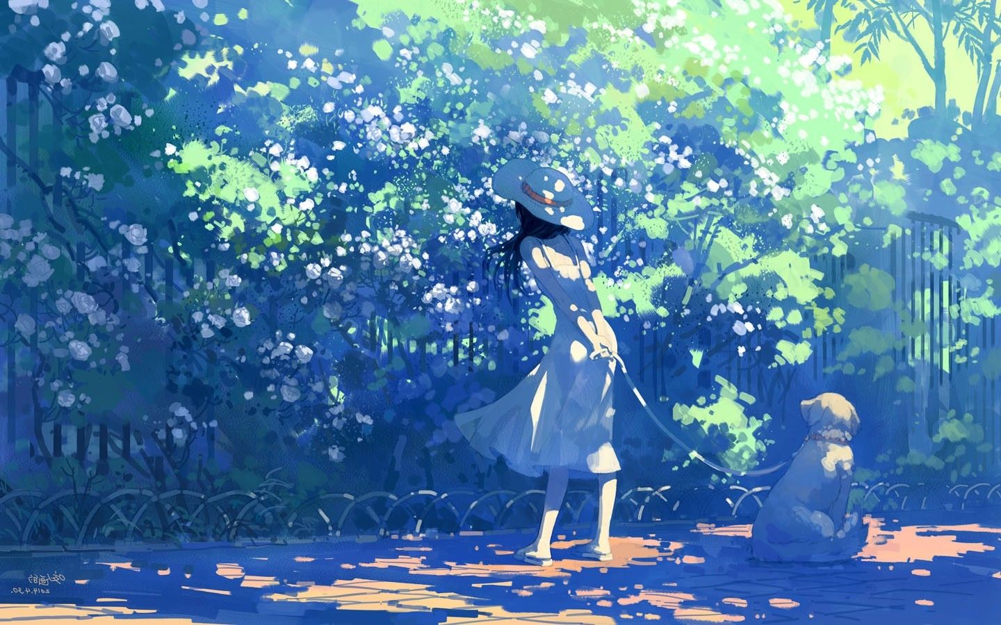 summer anime wallpaper, people in nature, blue, tree, sky, water