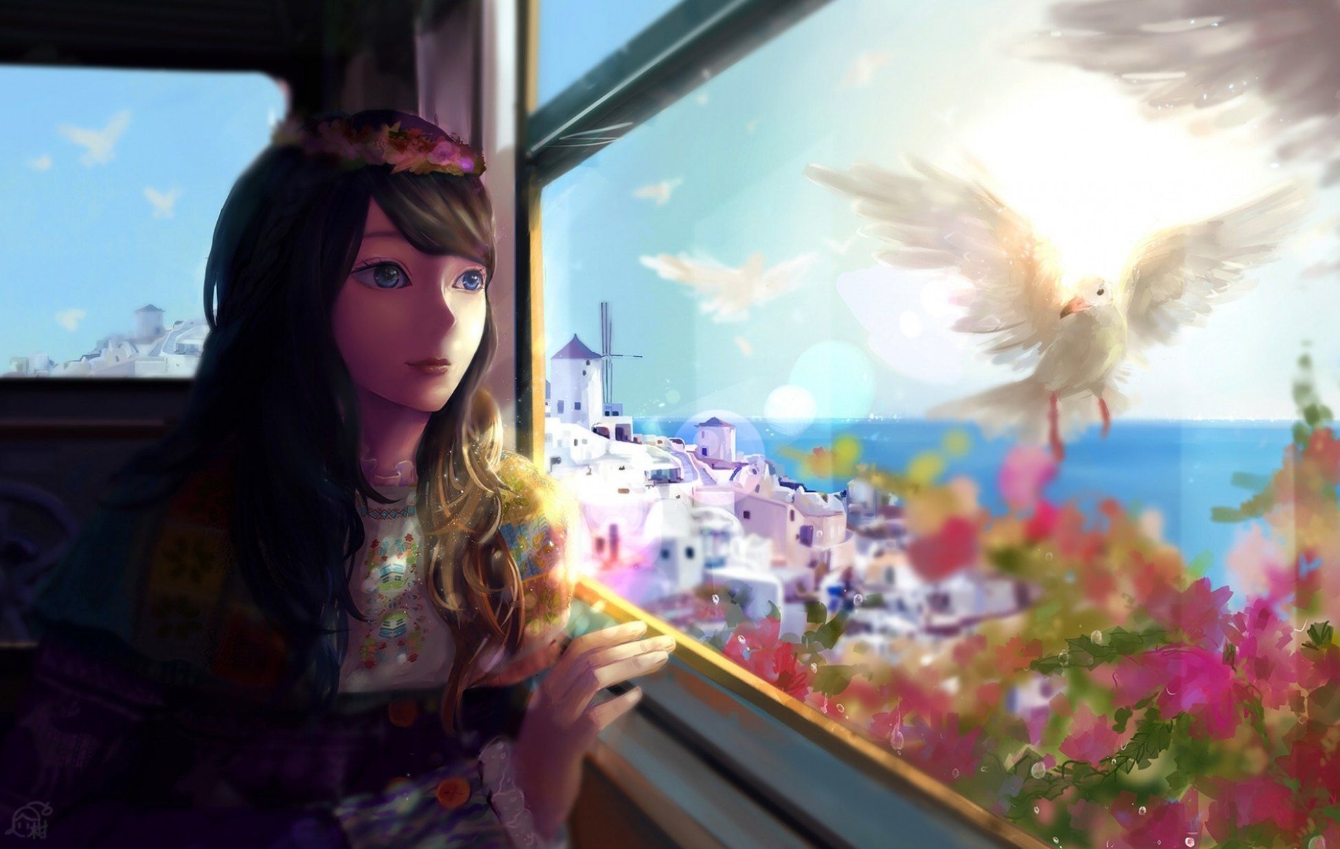 window, manga, seagull, sea, mikan, girl, bird, anime, summer, flower, pink, blue