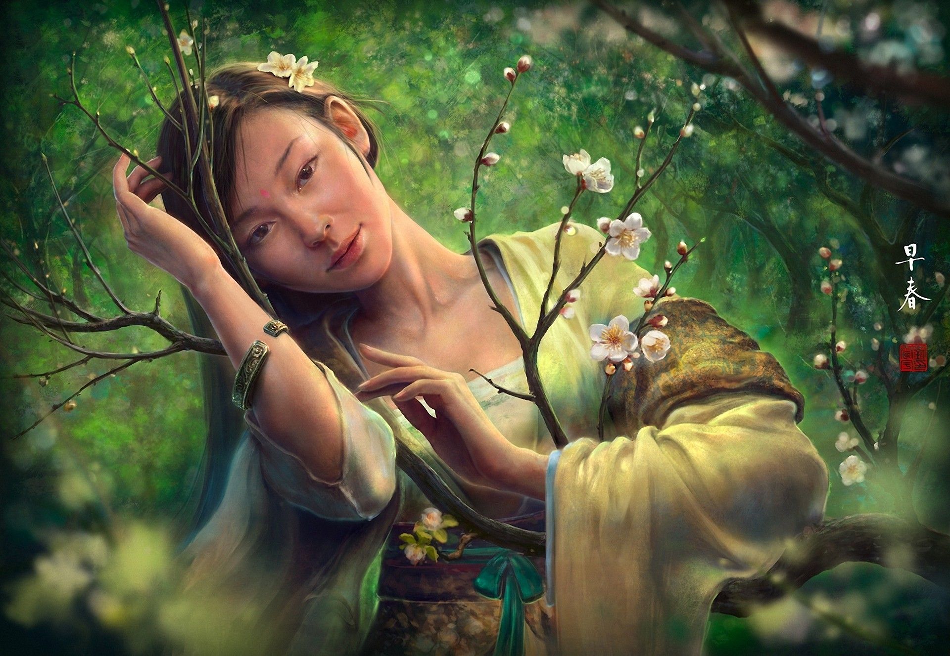 asian, Females, Trees, Art, Background, Fantasy, Women, Blossoms, Forest, Oriental, Flowers, Mood, drawing, Face, Eyes, Pov, Artwork, Stock Image. Full HD Wallpaper
