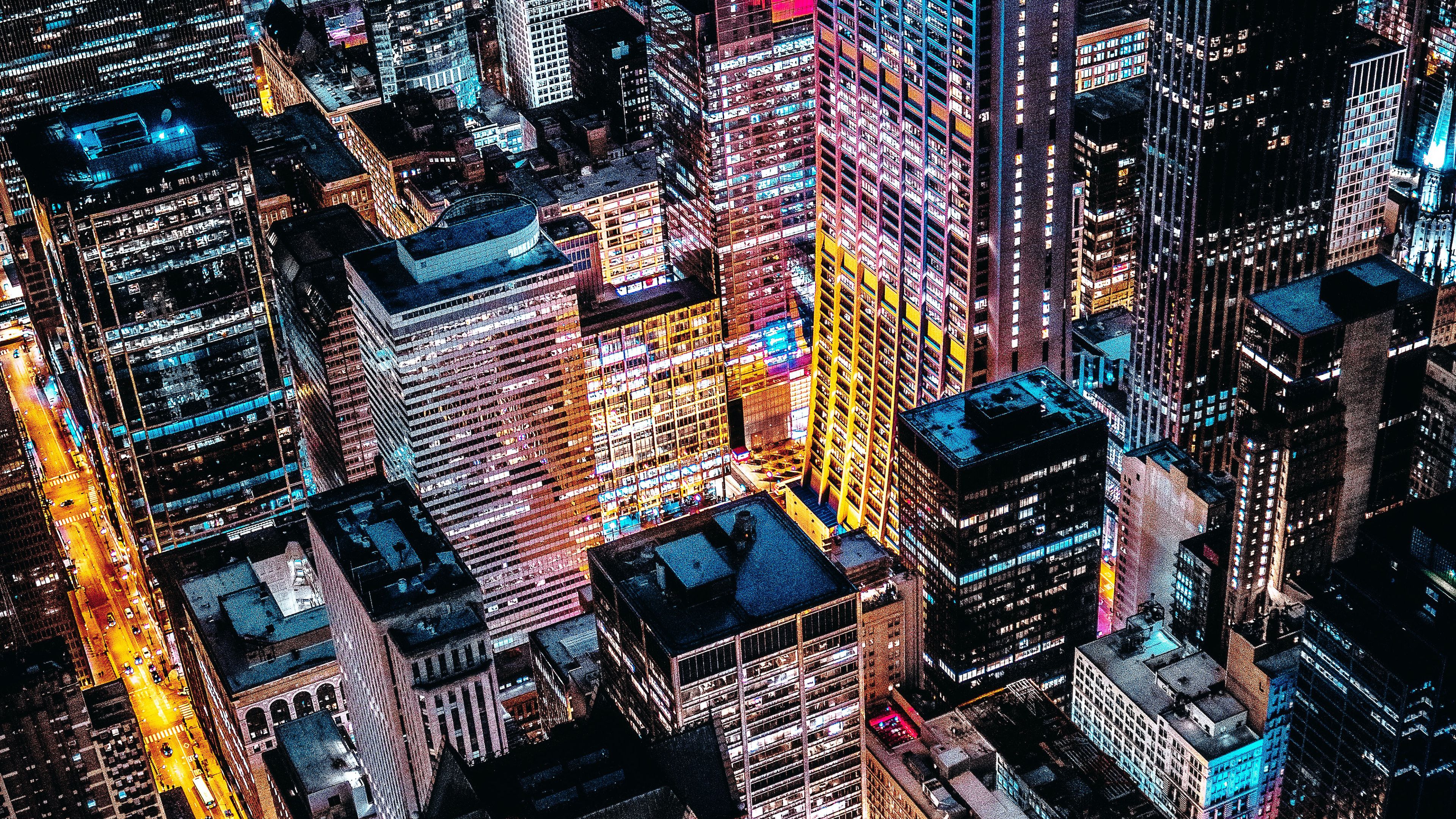 Chicago, Skyline, Skyscrapers, Cityscape, Night, City lights, Aerial view, 4k Free deskk wallpaper, Ultra HD