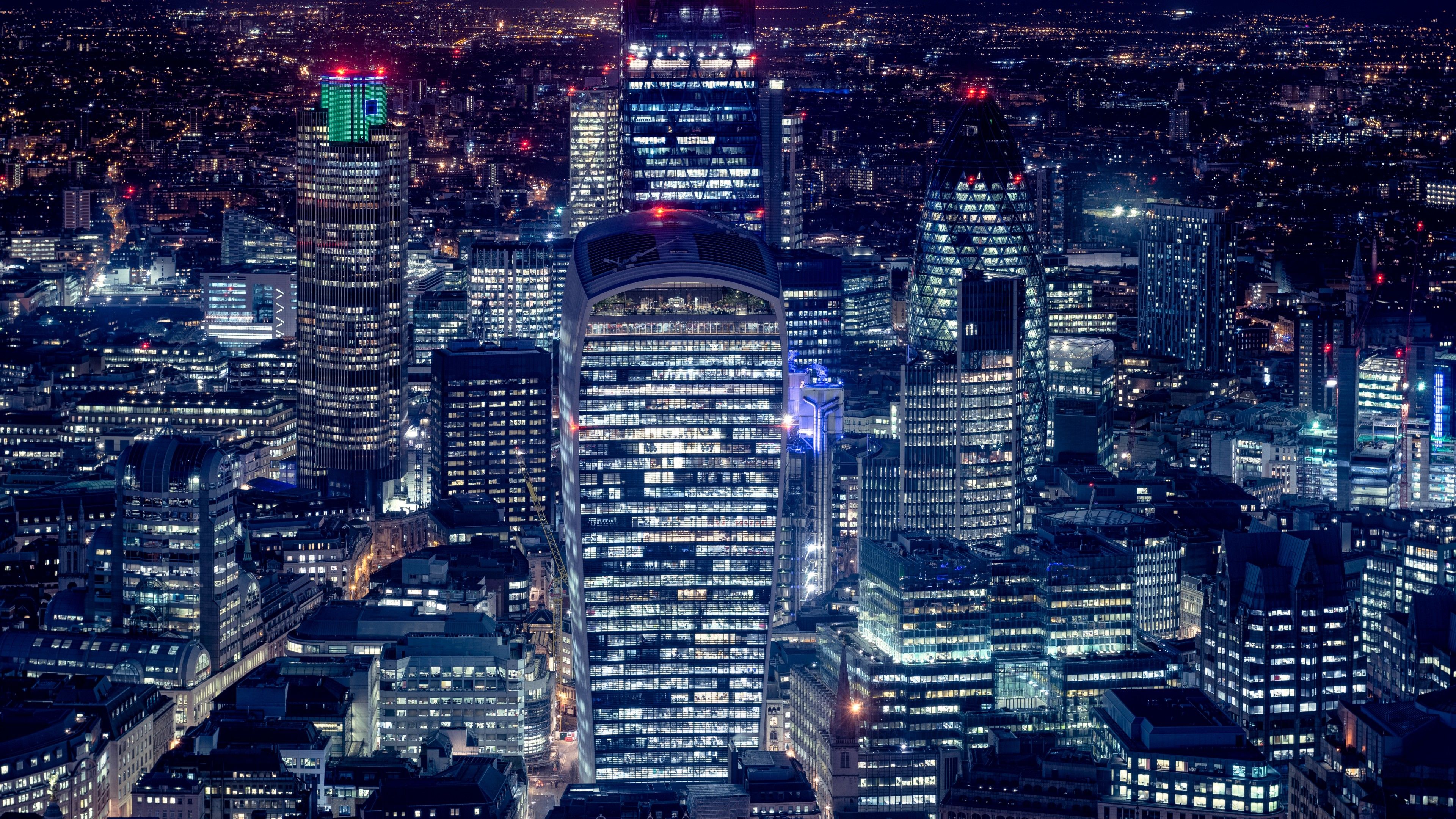 London City 4K Wallpaper, Cityscape, Night lights, Skyscrapers, Tower Gherkin, Heron Tower, World