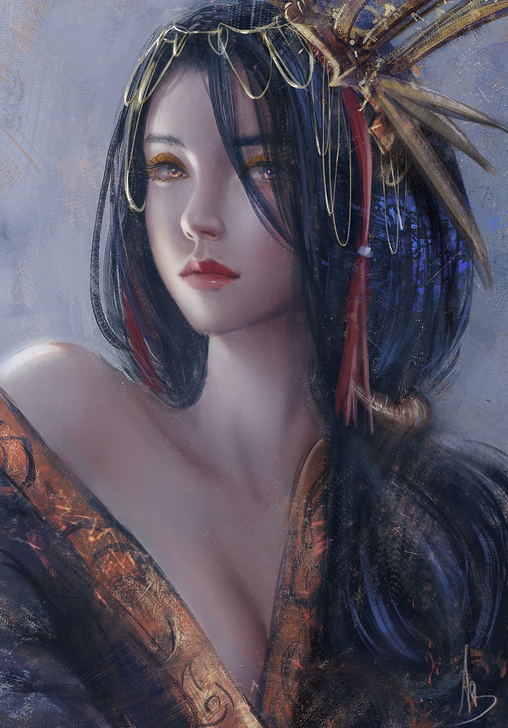 Japanese Artwork Women Portrait Looking At Viewer Fantasy Art Fantasy Girl Red Lipstick Asian Wallpaper:1012x1448
