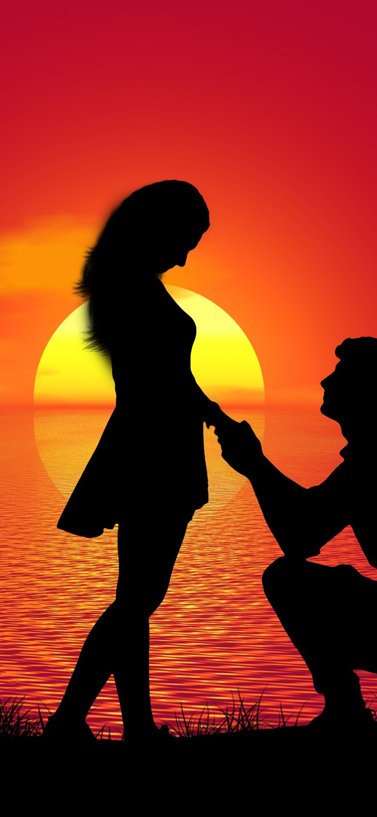 Couple 4K Wallpaper, Sunset, Proposal, Silhouette, Romantic, Lovers, Together, Love