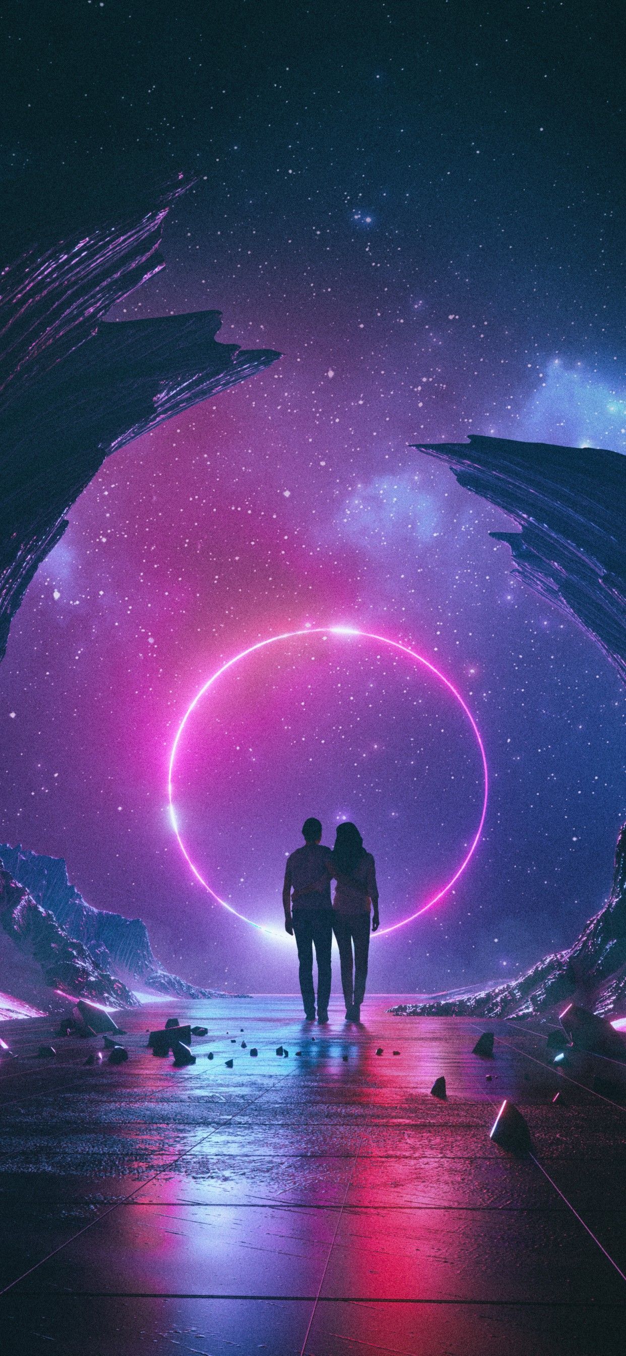 Couple 4K Wallpaper, Dream, Neon, Starry sky, Rocks, Silhouette, Colorful, Aesthetic, Love