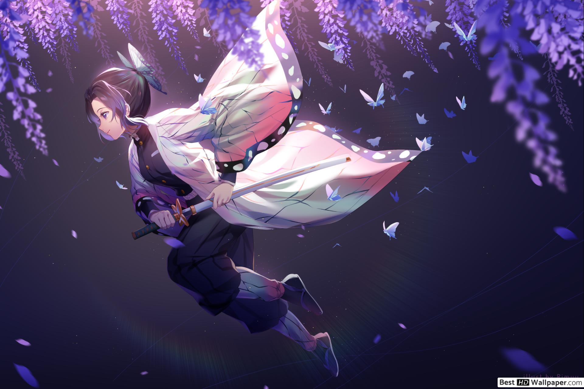 Demon Slayer's butterflies and Purple Wisteria flowers HD wallpaper download