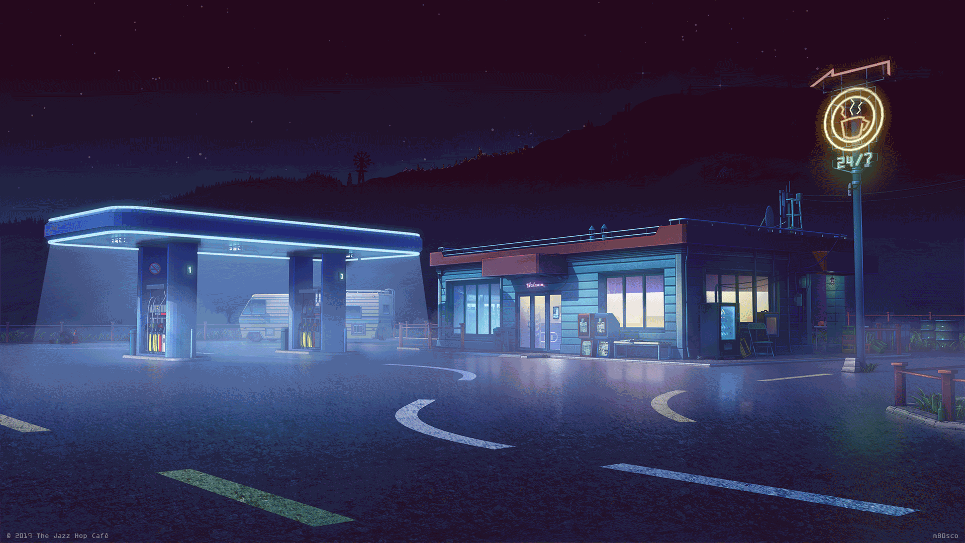 Gas Station, Bogdan mB0sco. Gas station, Pixel art landscape, Night aesthetic
