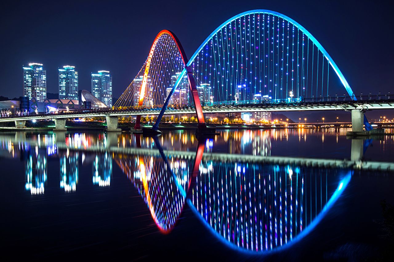 Wallpaper South Korea Daejeon Bridges river Night Fairy lights