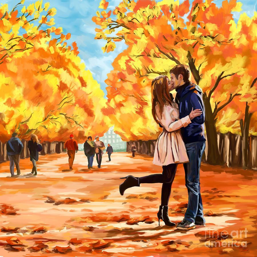 Autumn Kiss In Park by Tim Gilliland couple in love. Autumn painting, Romantic paintings, Kiss painting