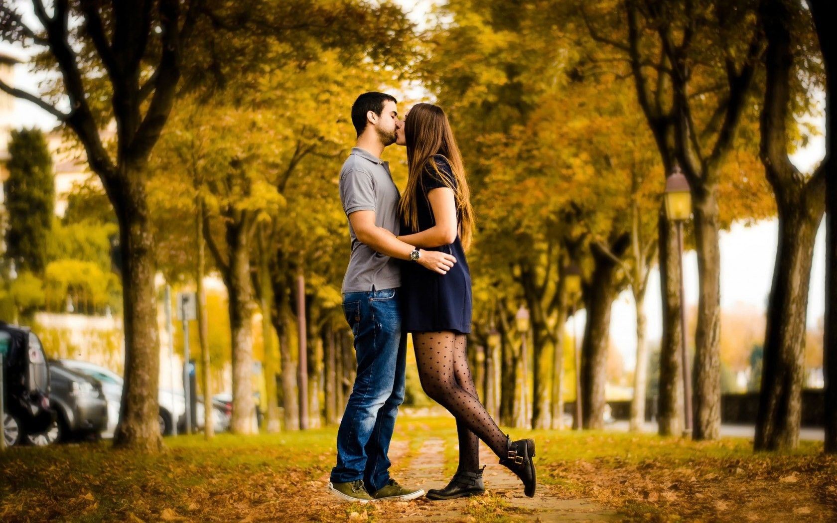 Kiss, Love, Autumn, Alley, Couple, Girl, Boy, Tree And Girl Love HD