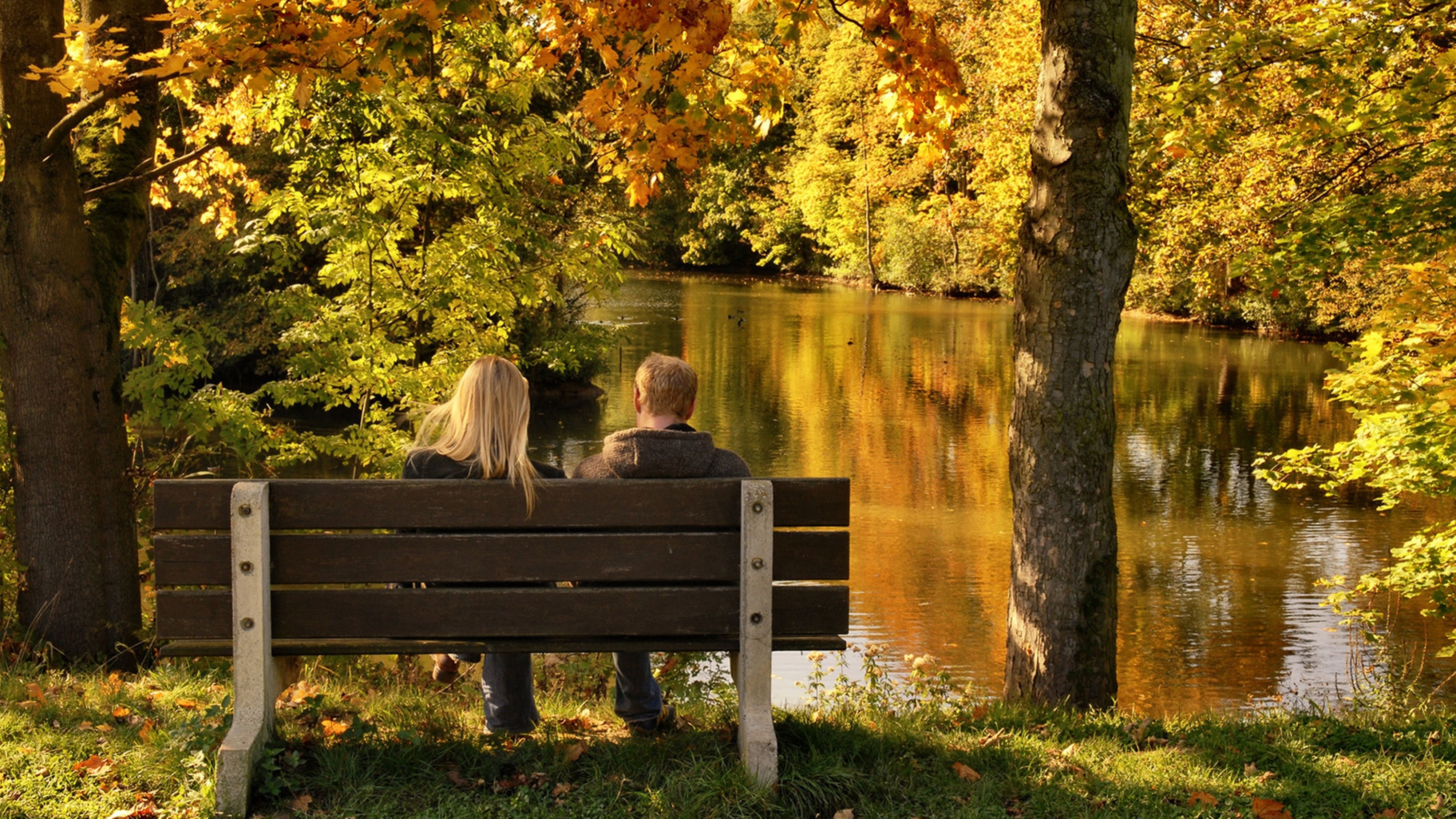 Wallpaper. Golden autumn. photo. picture. Park, the pond, bench, a couple, autumn