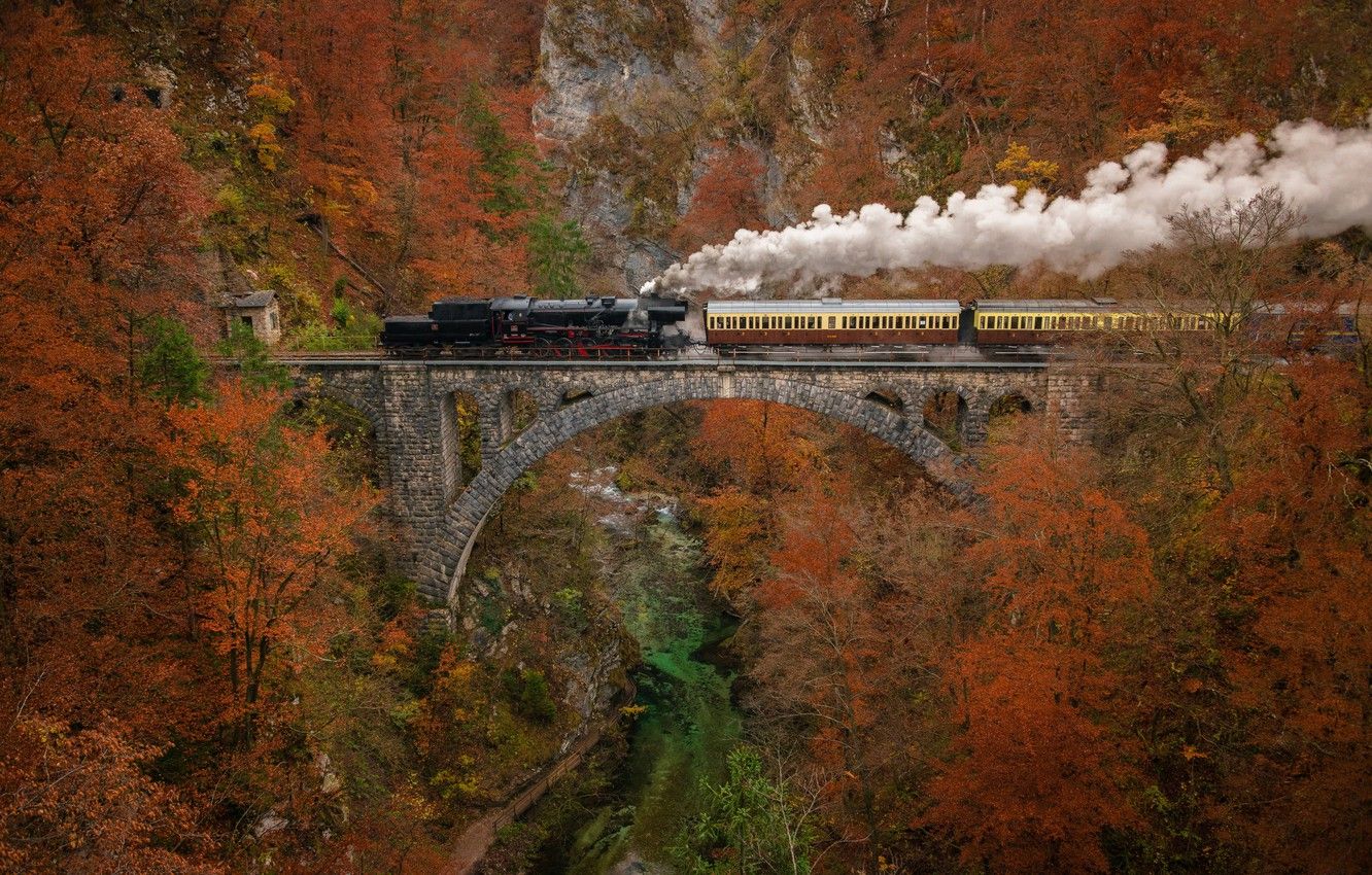 Wallpaper autumn, mountains, bridge, smoke, train, the engine, couples, red image for desktop, section пейзажи