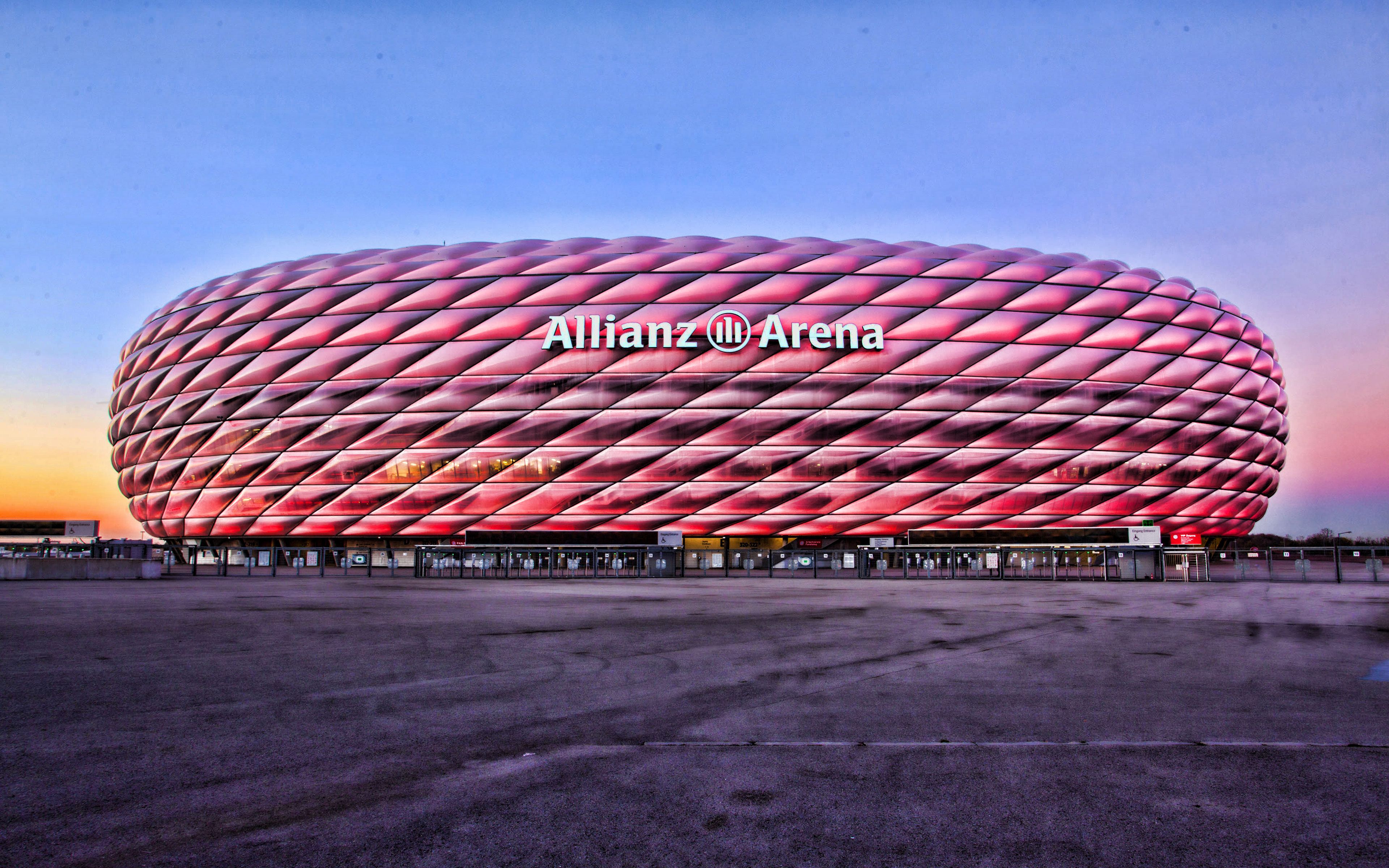Download wallpaper Bayern Munich Stadium, 4k, pink illumination, Allianz Arena, HDR, soccer, football stadium, Bayern Munich arena, Germany, german stadiums for desktop with resolution 3840x2400. High Quality HD picture wallpaper