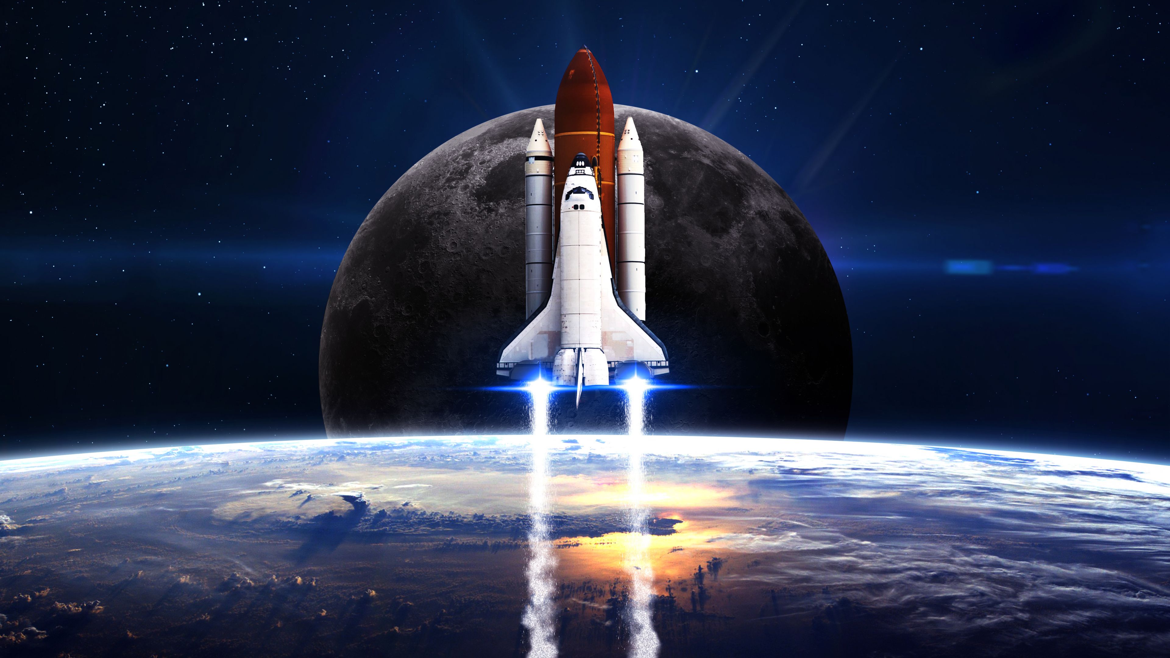 Desktop Wallpaper Space Shuttle, Moon, Earth, Space, HD Image, Picture, Background, 5e0ce7
