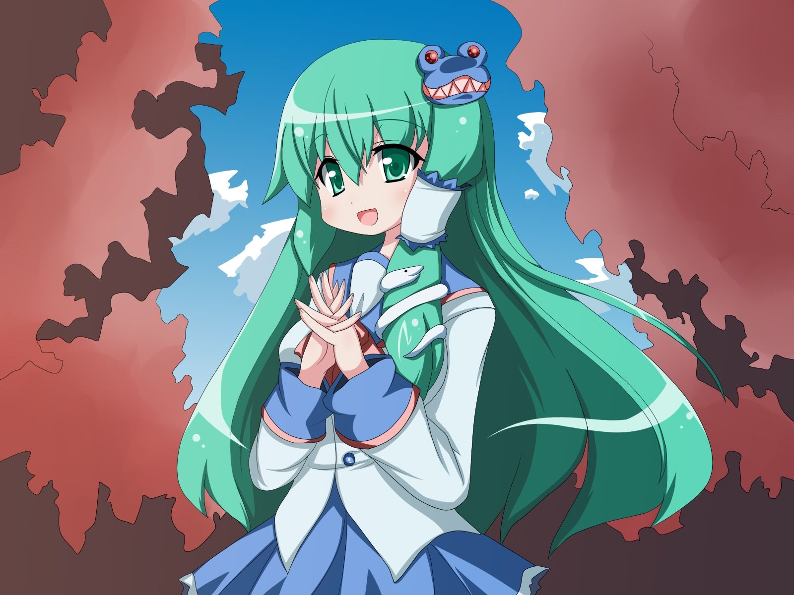 Wallpaper, illustration, anime, snake, cartoon, green hair, Kochiya Sanae, girl, mangaka, oborotsuki kakeru 1600x1200