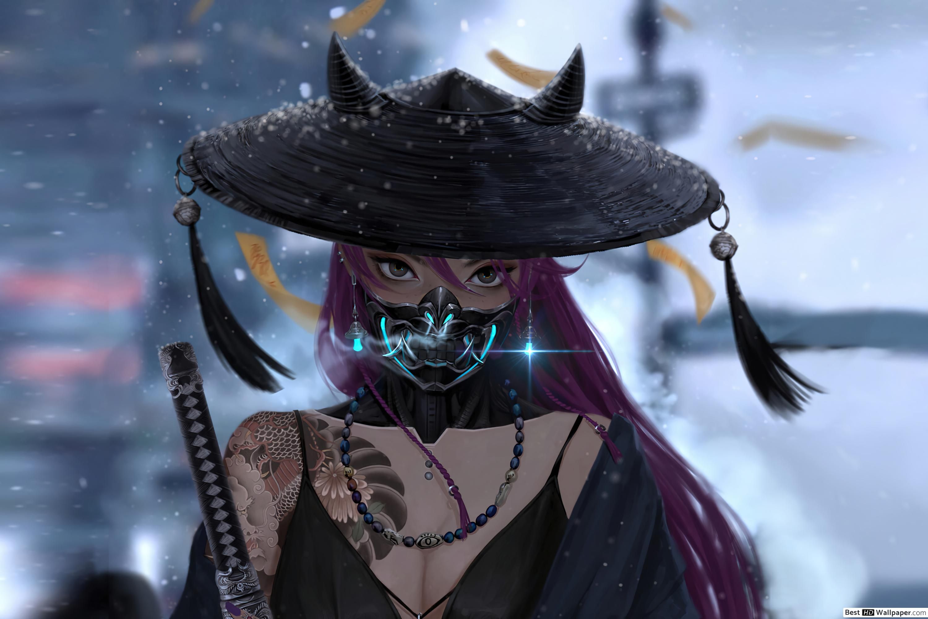 Oni Mask Samurai Girl (Cyberpunk Art) HD wallpaper download