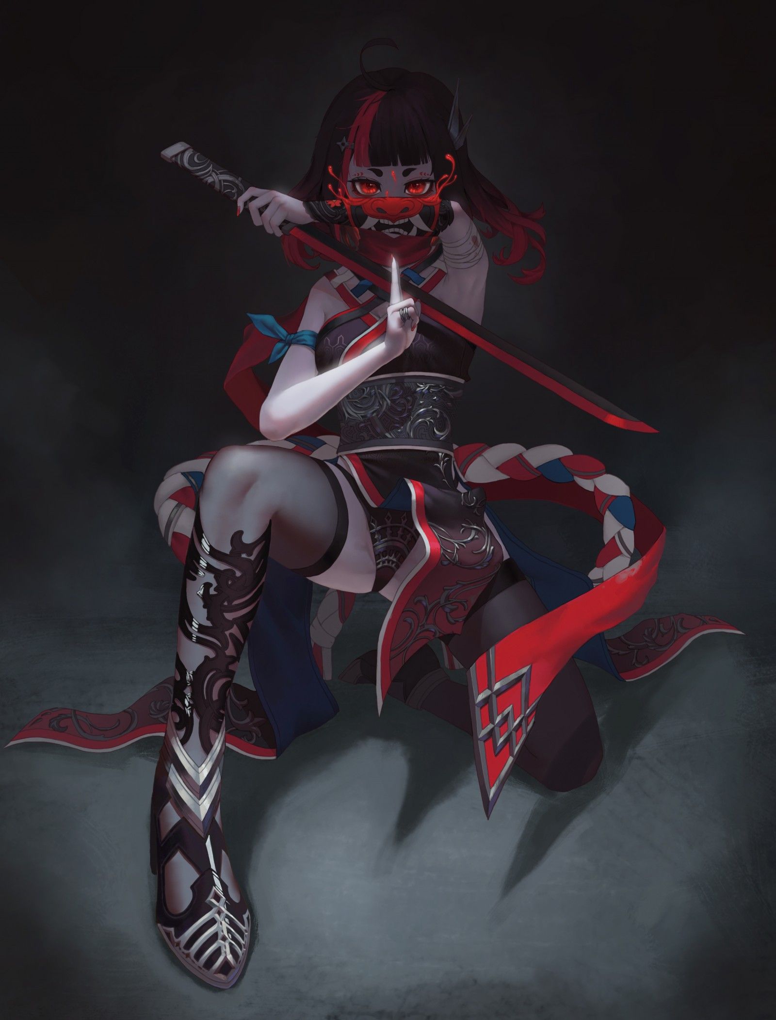 Wallpaper, ninja girl, oni mask, sword, red eyes, artwork, minimalism 3300x4339