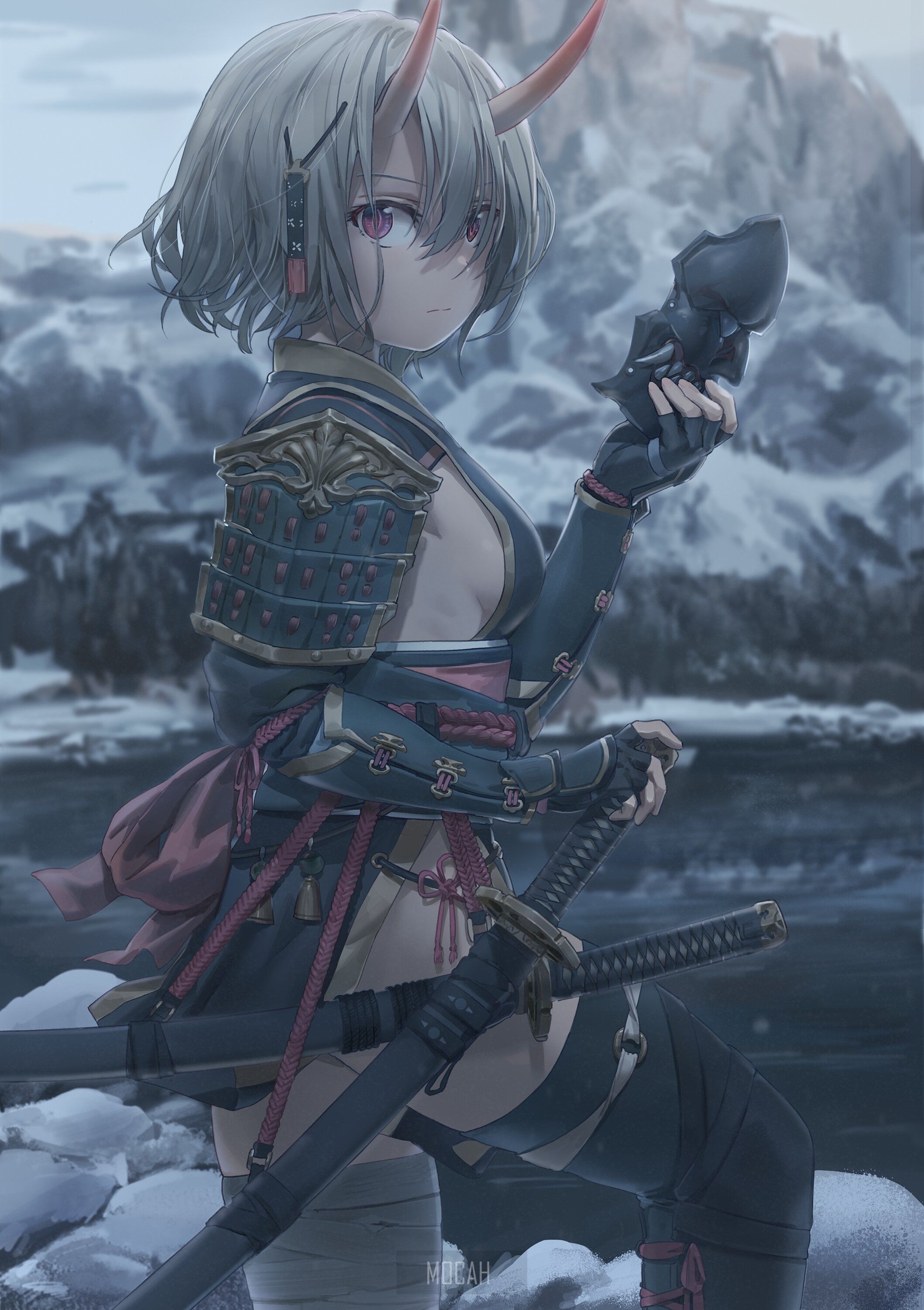 anime, anime girl, horns, demon horns, oni mask, grey hair, katana, samurai, demon girls, short hair, gray hair, animal eyes, mountains wallpaper download, 2117x3000. Mocah HD Wallpaper