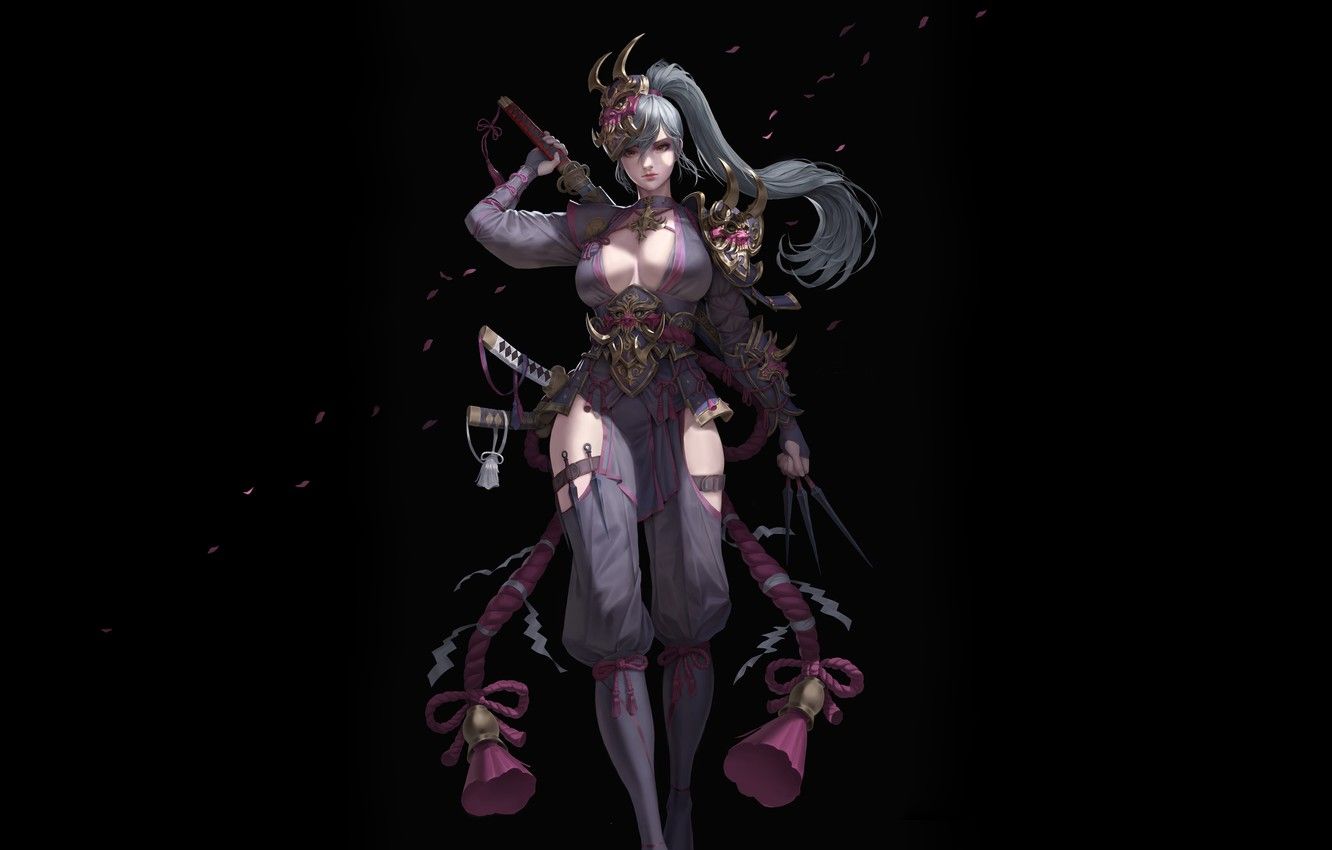 Wallpaper Girl, , Art, Style, Minimalism, Sword, Swords, Costume, Figure, Brush Dog, Oni Armor Shinobi image for desktop, section минимализм