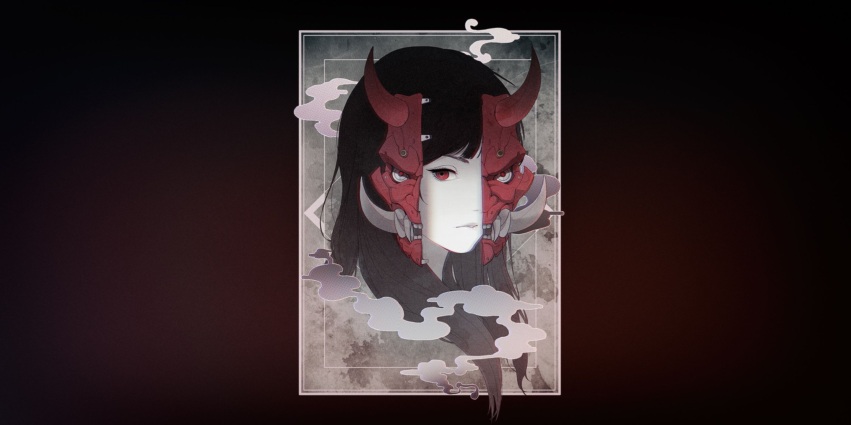 Cyberpunk Face Red Eyes Anime Anime Girls Horns Oni Mask Long Hair Wallpaper:2800x1400