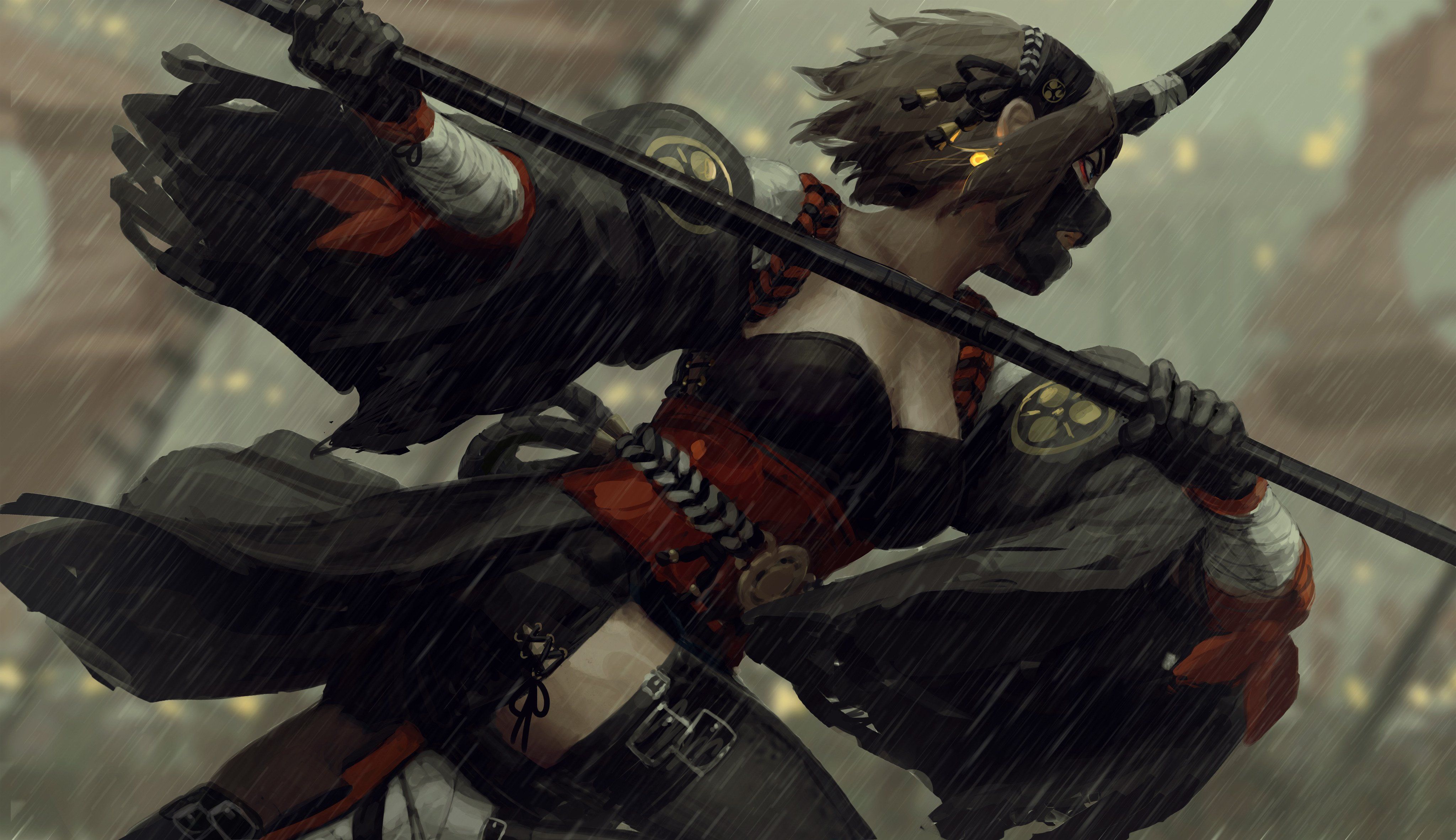 Wallpaper, original characters, anime girls, 2D, GUWEIZ, Z W Gu, digital art, samurai, female warrior, horns, thighs, short hair, Japanese clothes, oni mask, armor, small boobs, cleavage, black stockings, rain, brunette