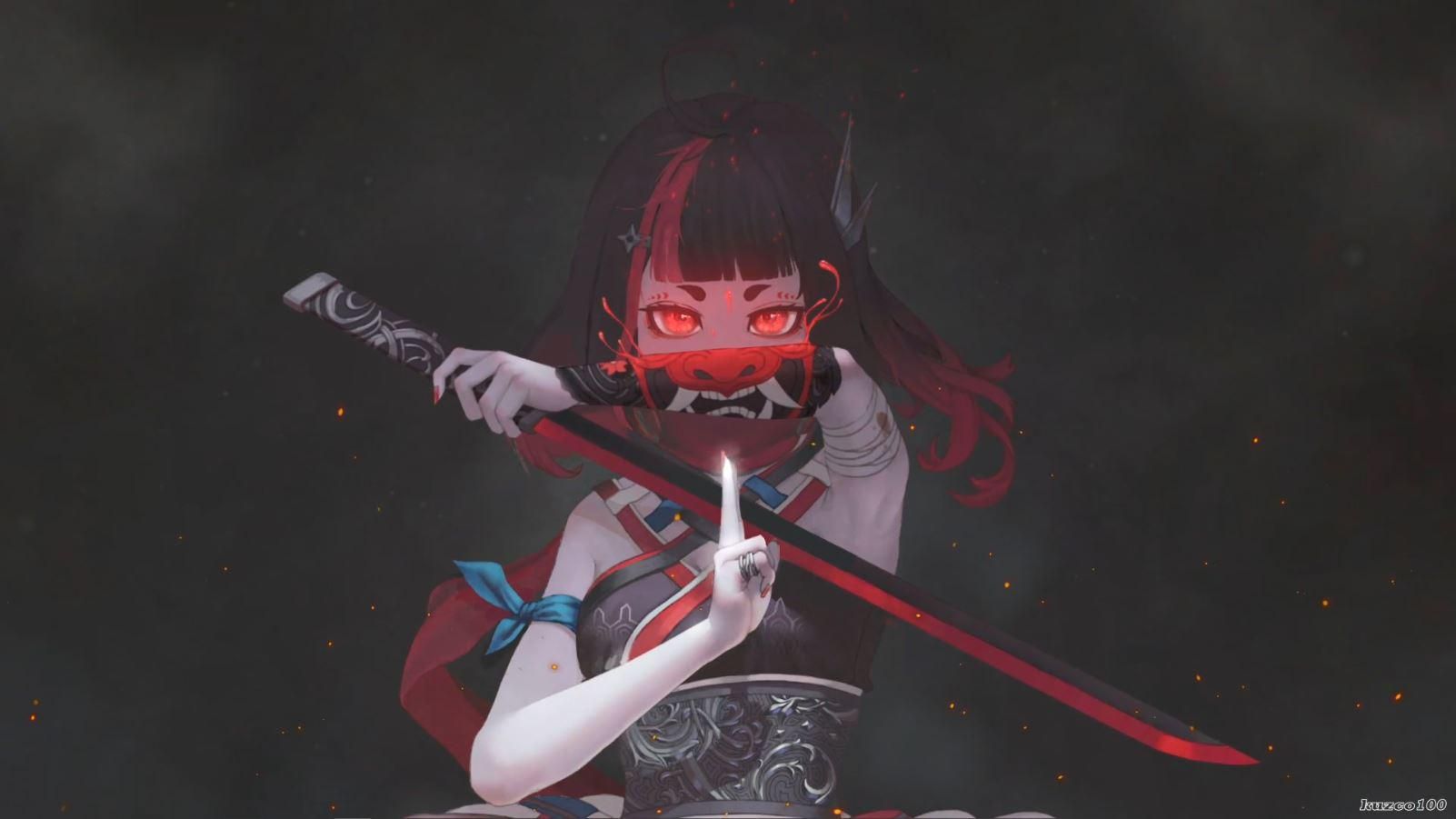 Samurai Girl and Oni Mask on Hand Anime Live Wallpaper