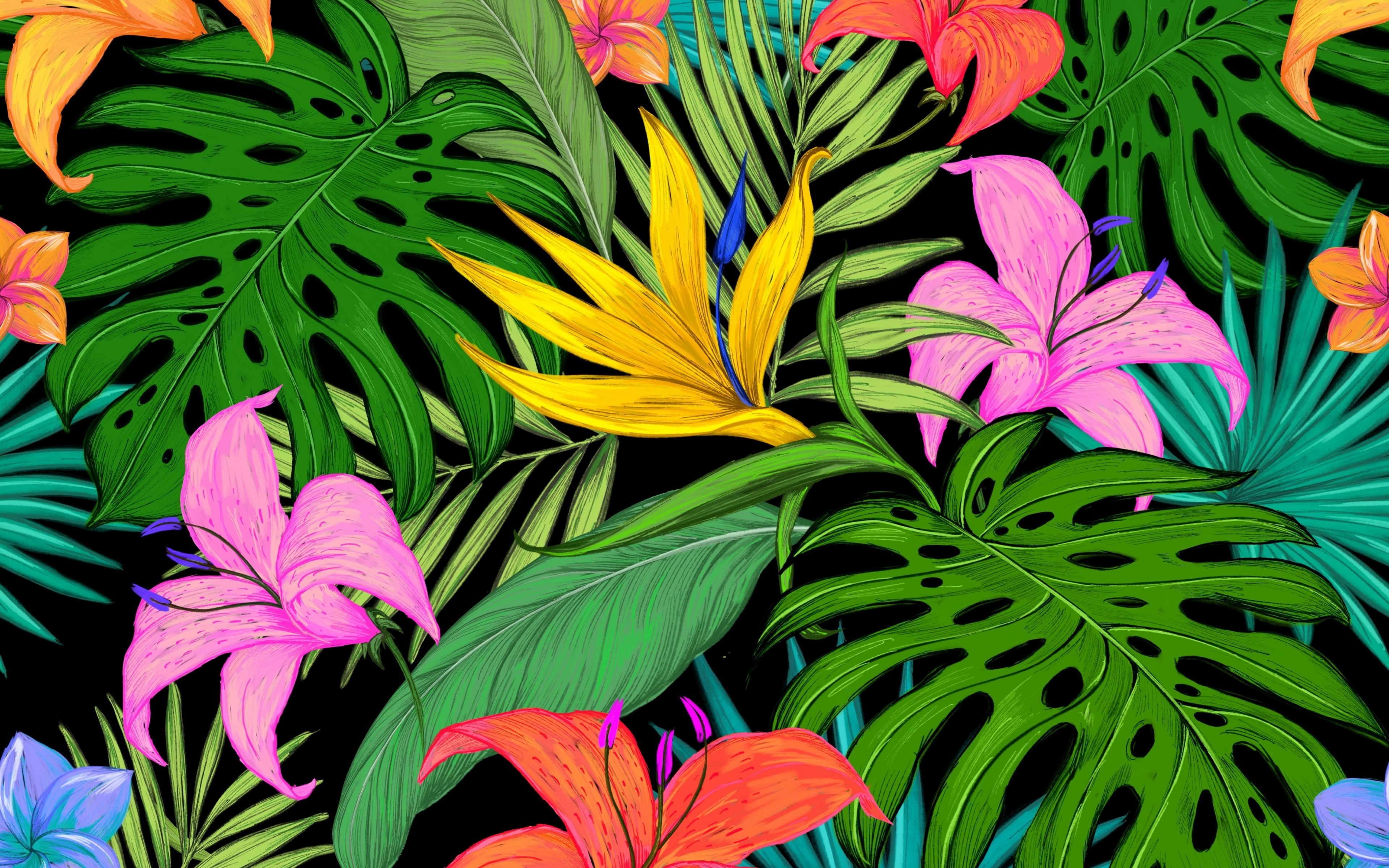 Download 3840x2400 wallpaper pattern, tropical, flowers, leaves, 4k, ultra HD 16: widescreen, 3840x2400 HD image, background, 16259