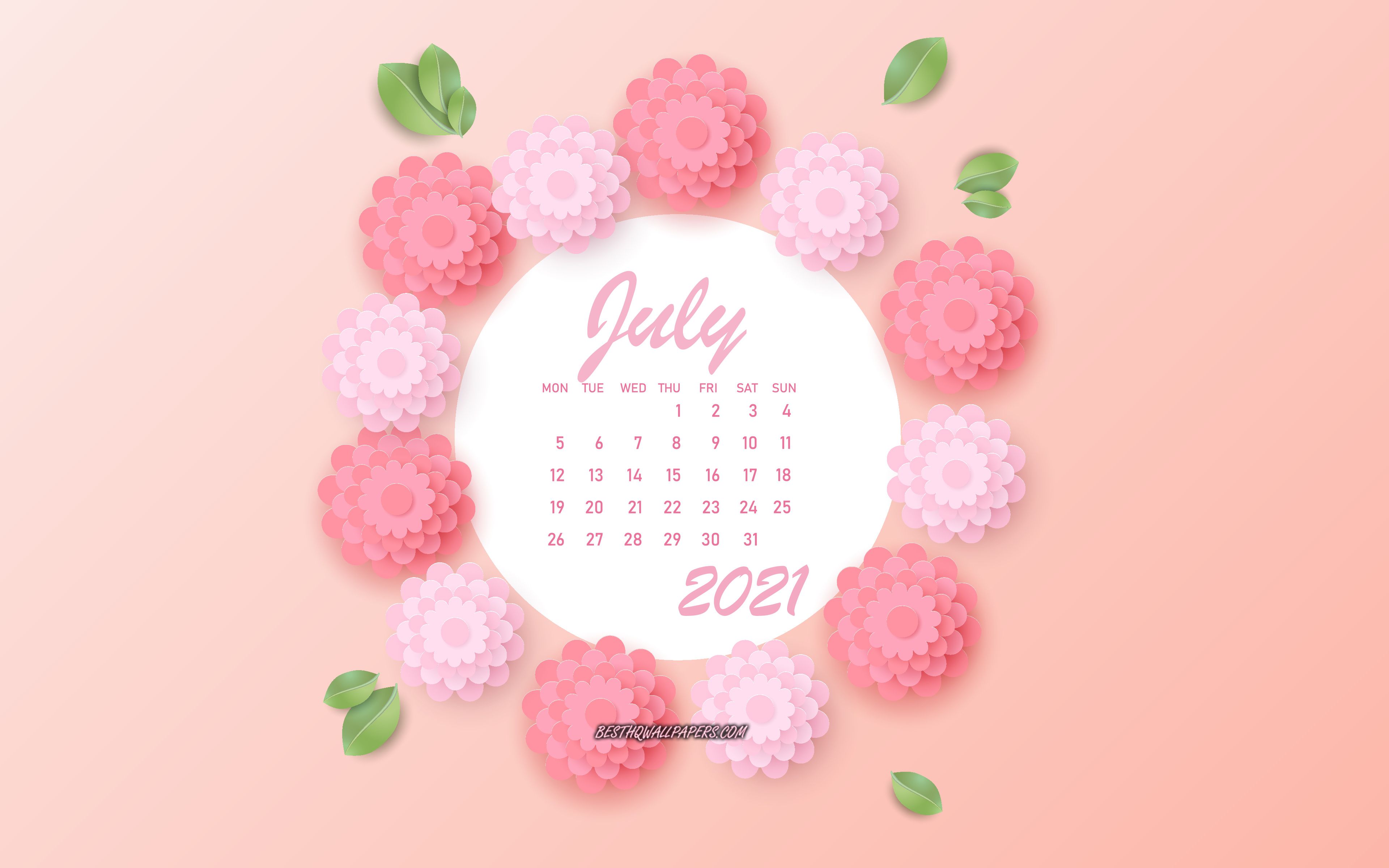 Download wallpaper July 2021 Calendar, pink flowers, July, 2021 summer calendars, 3D paper pink flowers, 2021 July Calendar for desktop with resolution 3840x2400. High Quality HD picture wallpaper