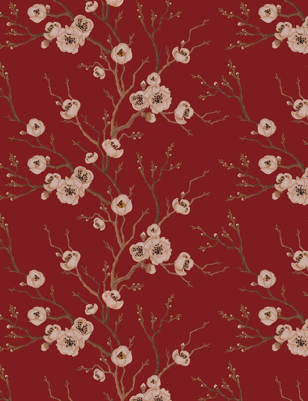 Red Japanese Floral Tree Wallpaper
