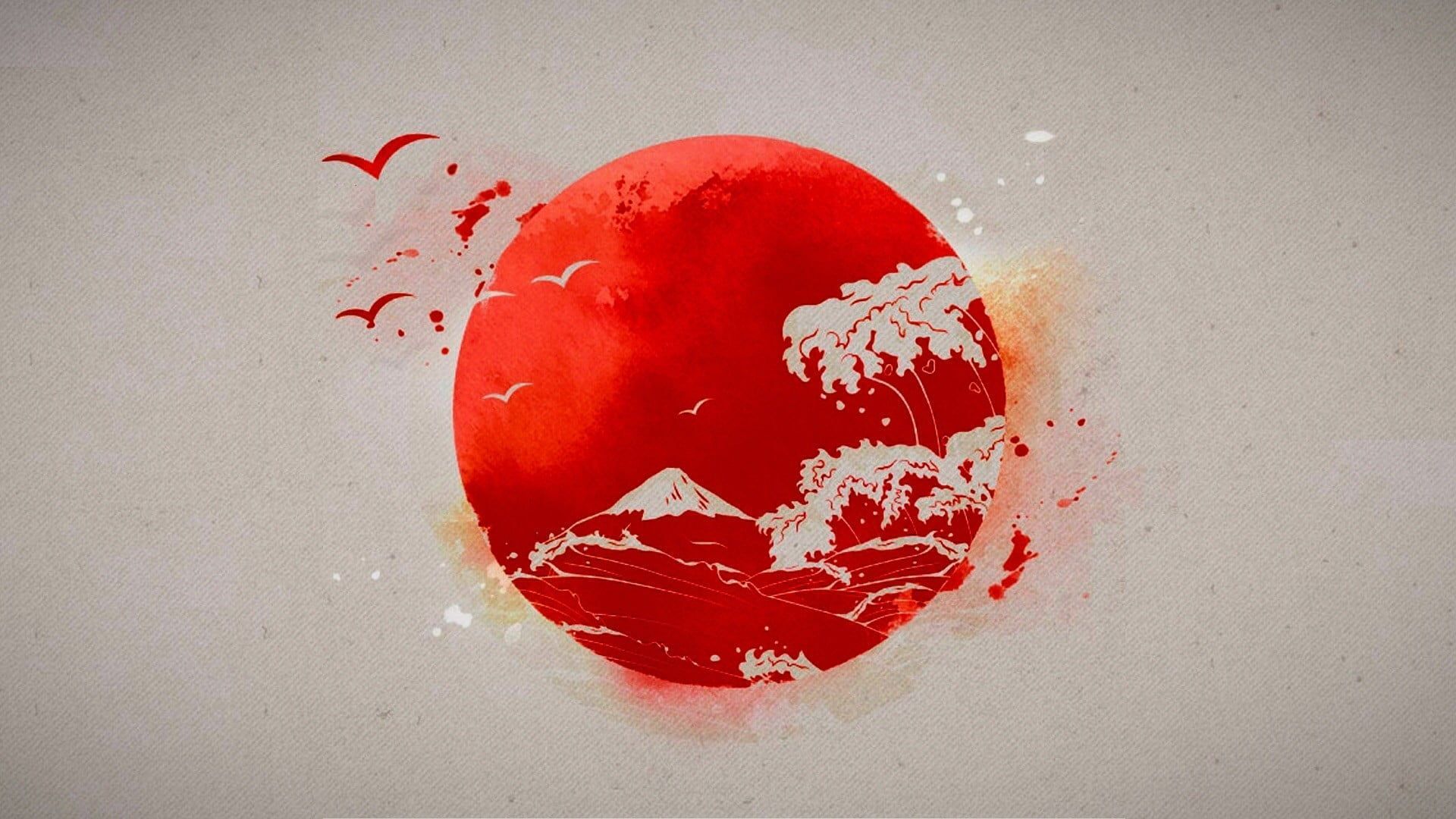mountain, trees, and sea waves painting, red and white mountain illustration #Japanese #Sun #drawing #abstract P #wallpaper #hdwallpaper #des. Lukisan, Desain