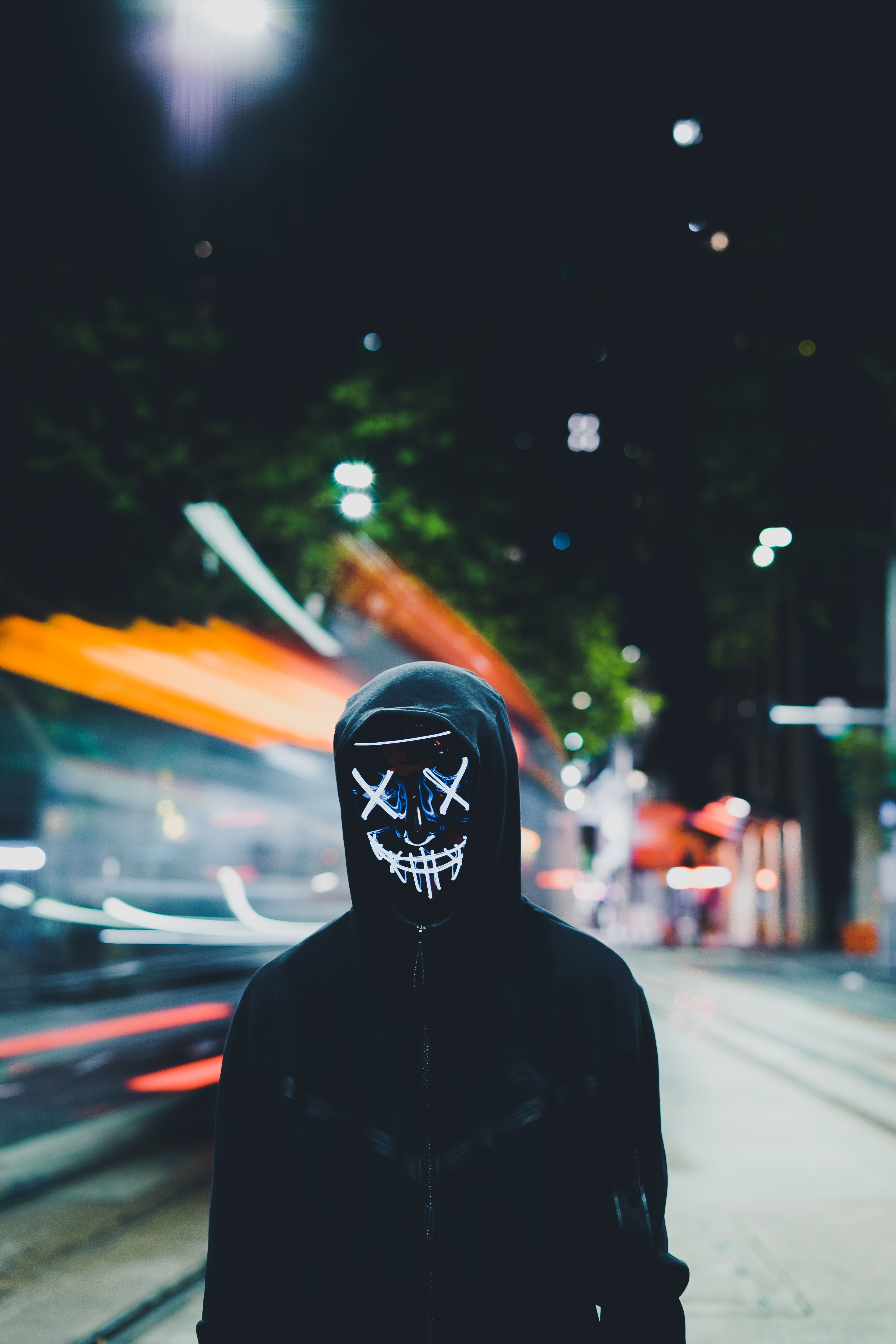 Persons in Mask 4K Wallpaper, Neon Mask, Black Hoodie, Anonymous, 5K, Photography