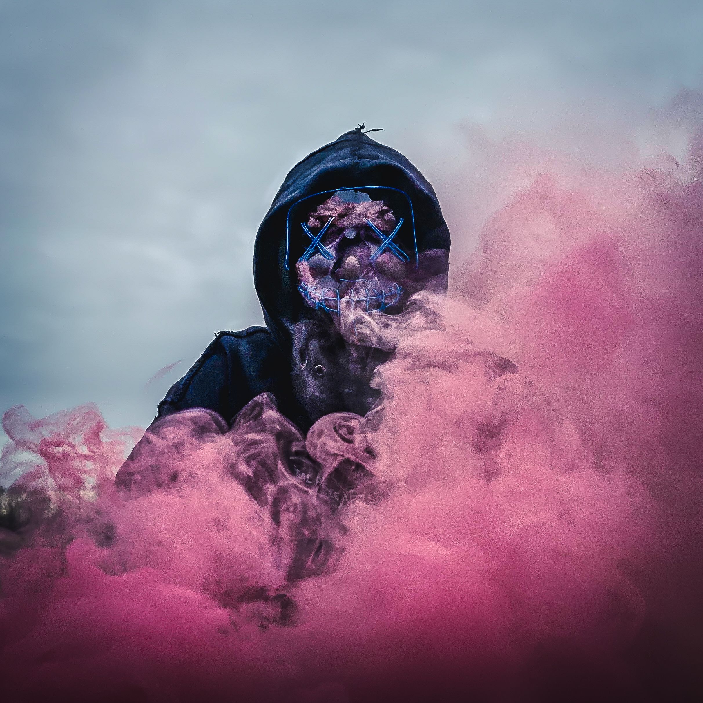 Free of 3D neon hacker mask, anonymous, color smoke bombs