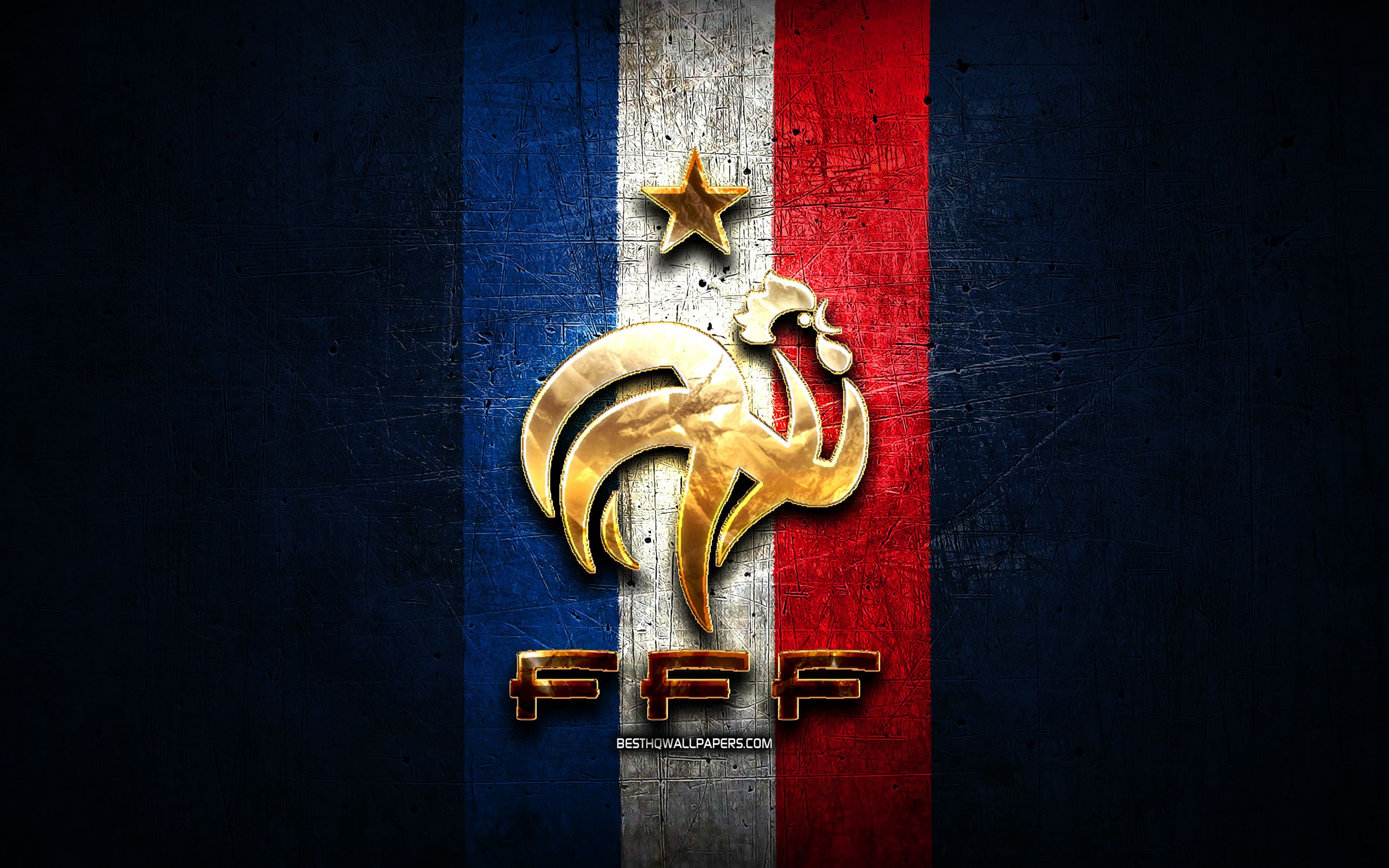 Download wallpaper France National Football Team, golden logo, Europe, UEFA, blue metal background, French football team, soccer, FFF logo, football, France, FFF for desktop with resolution 2880x1800. High Quality HD picture wallpaper