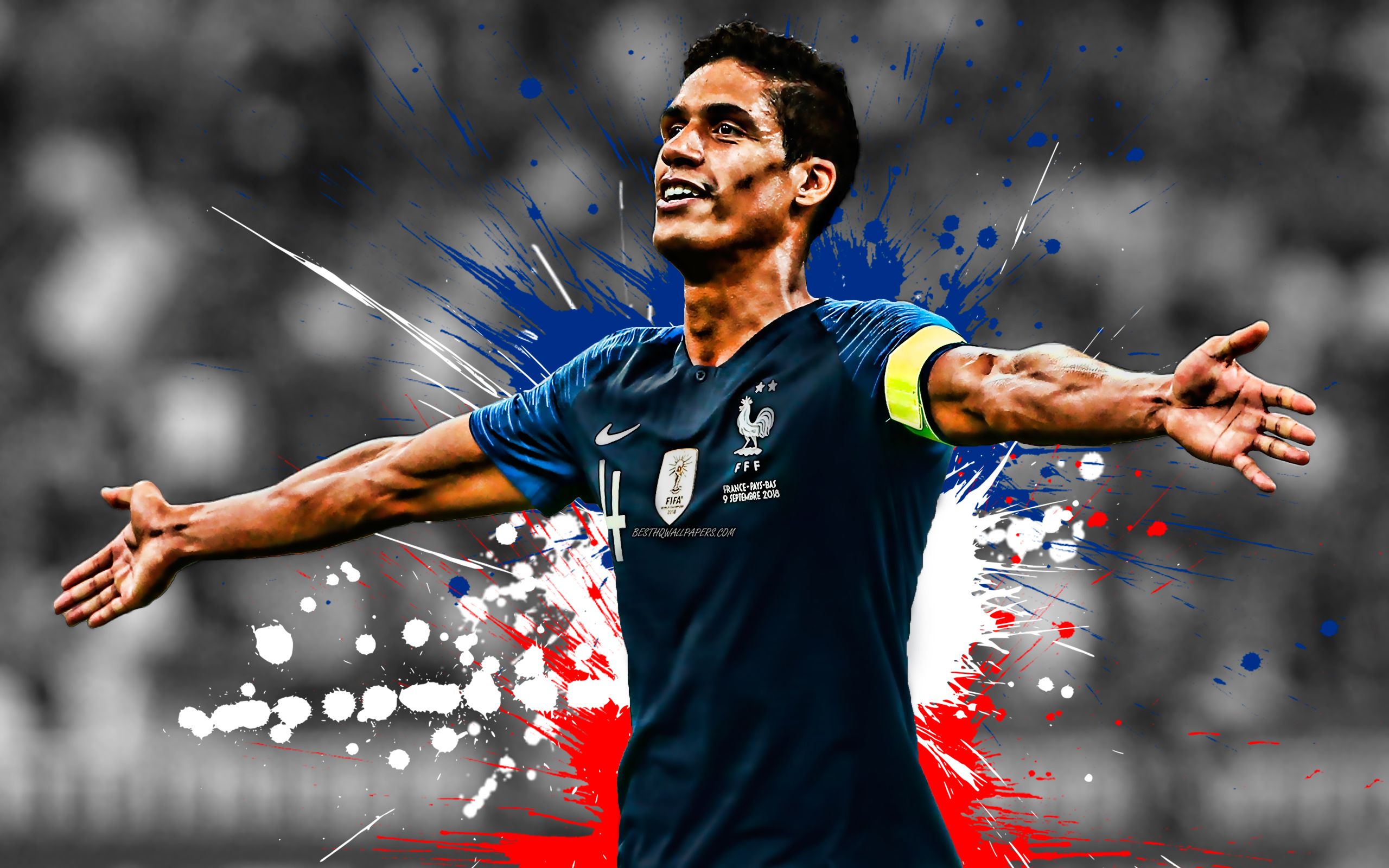 Download wallpaper Raphael Varane, France national football team, striker, french football player, creative flag of France, paint splashes, France, football for desktop with resolution 2560x1600. High Quality HD picture wallpaper